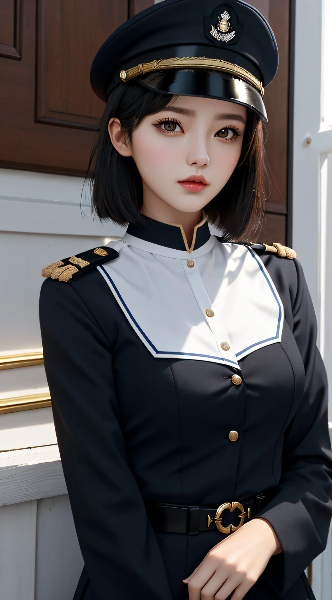 girl, a, top quality, chest above, beautiful, pretty, glossy, warship, short hair, masterpiece, cat's eye, navy uniform, long black hair, with military cap, sharp eyes, white, pure desire
