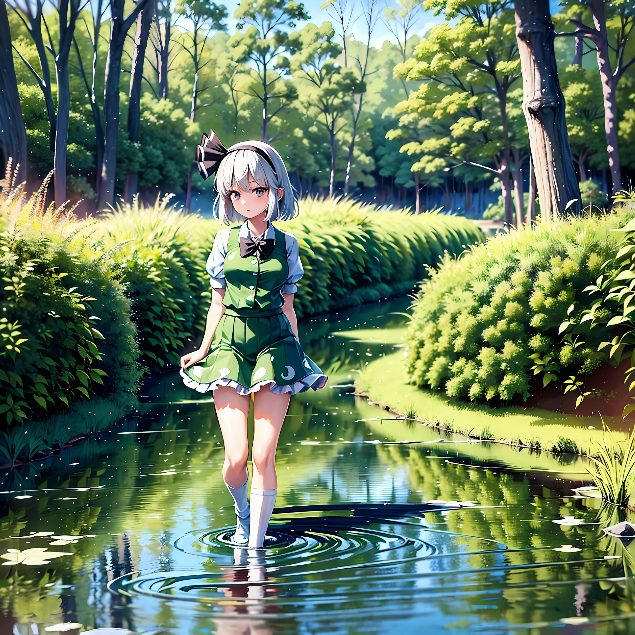 1girl, touhou, konpaku youmu, white socks, walking through a muddy field, standing in a pond, walking on a river, standing in a shallow river, standing in shallow water,