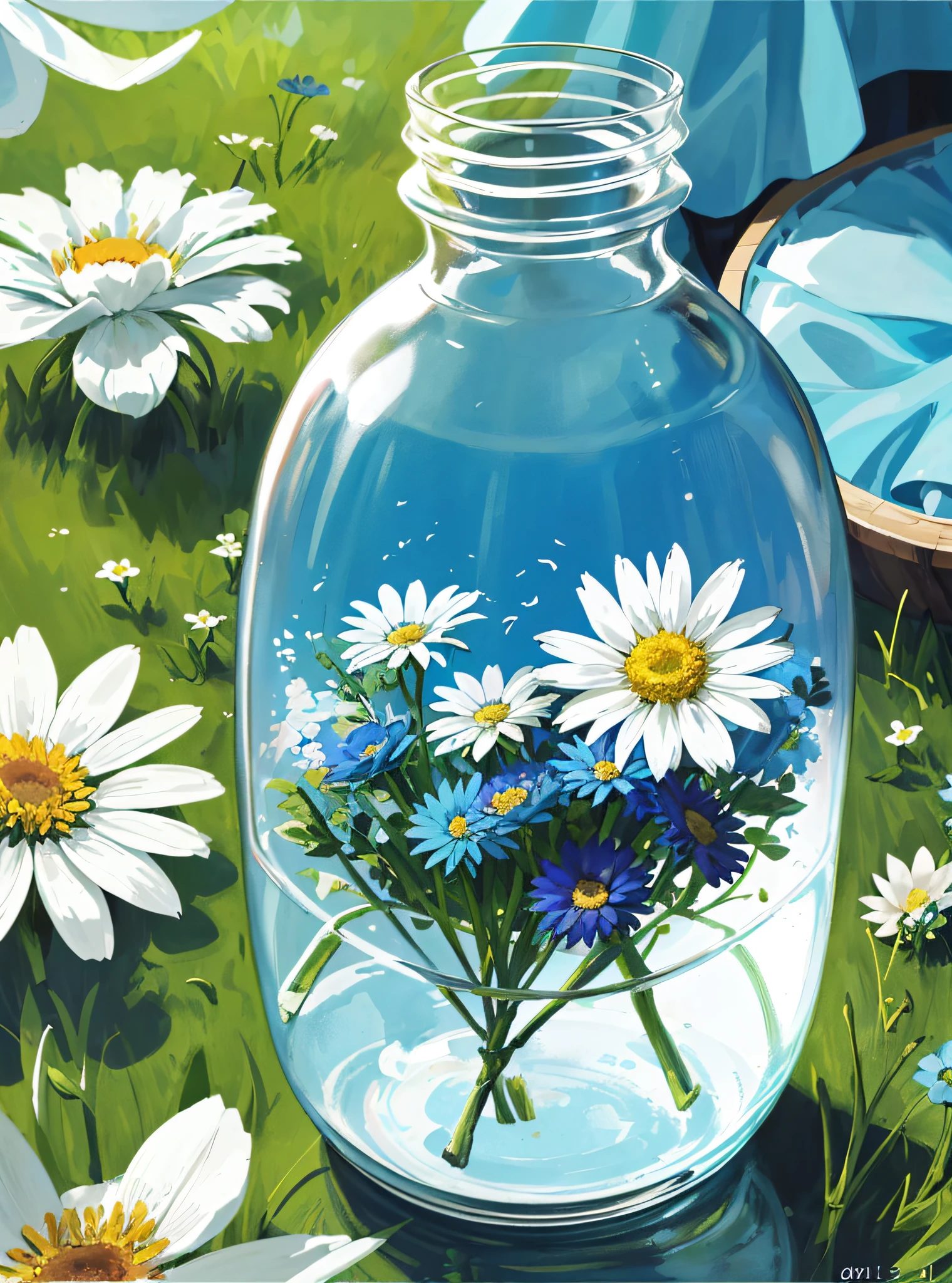 (empty glass container in the shape of a jar with flowers and meadows inside: 1.3), [(( 1 girl: 1.4) white hair in a blue dress sitting on the flower meadows): 0.3], masterpiece, of the best quality, very detailed, small dickey in the middle