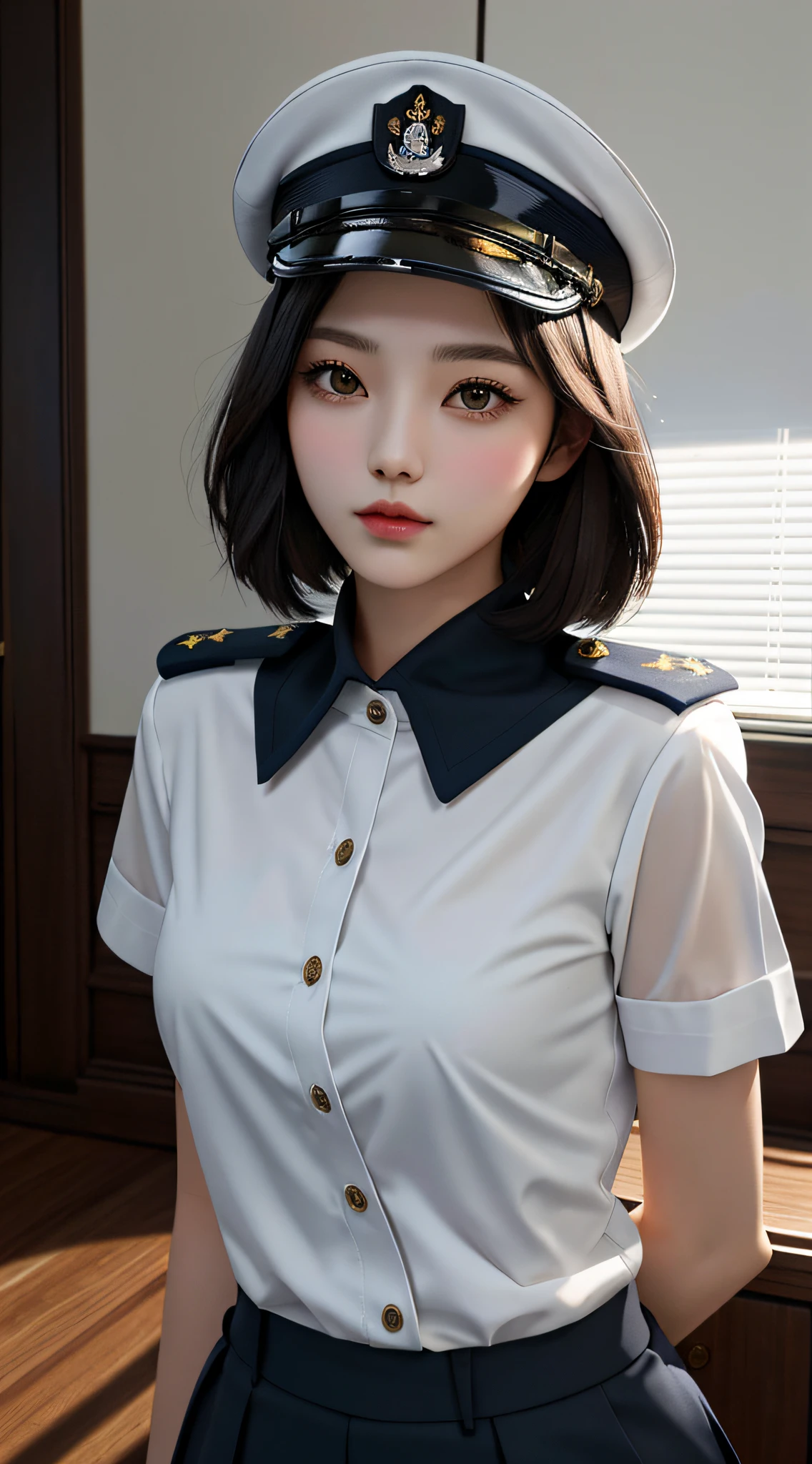 girl, a, top quality, chest above, beautiful, pretty, glossy, warship, short hair, masterpiece, cat's eye, navy uniform, long black hair, with military cap, sharp eyes, white, pure desire