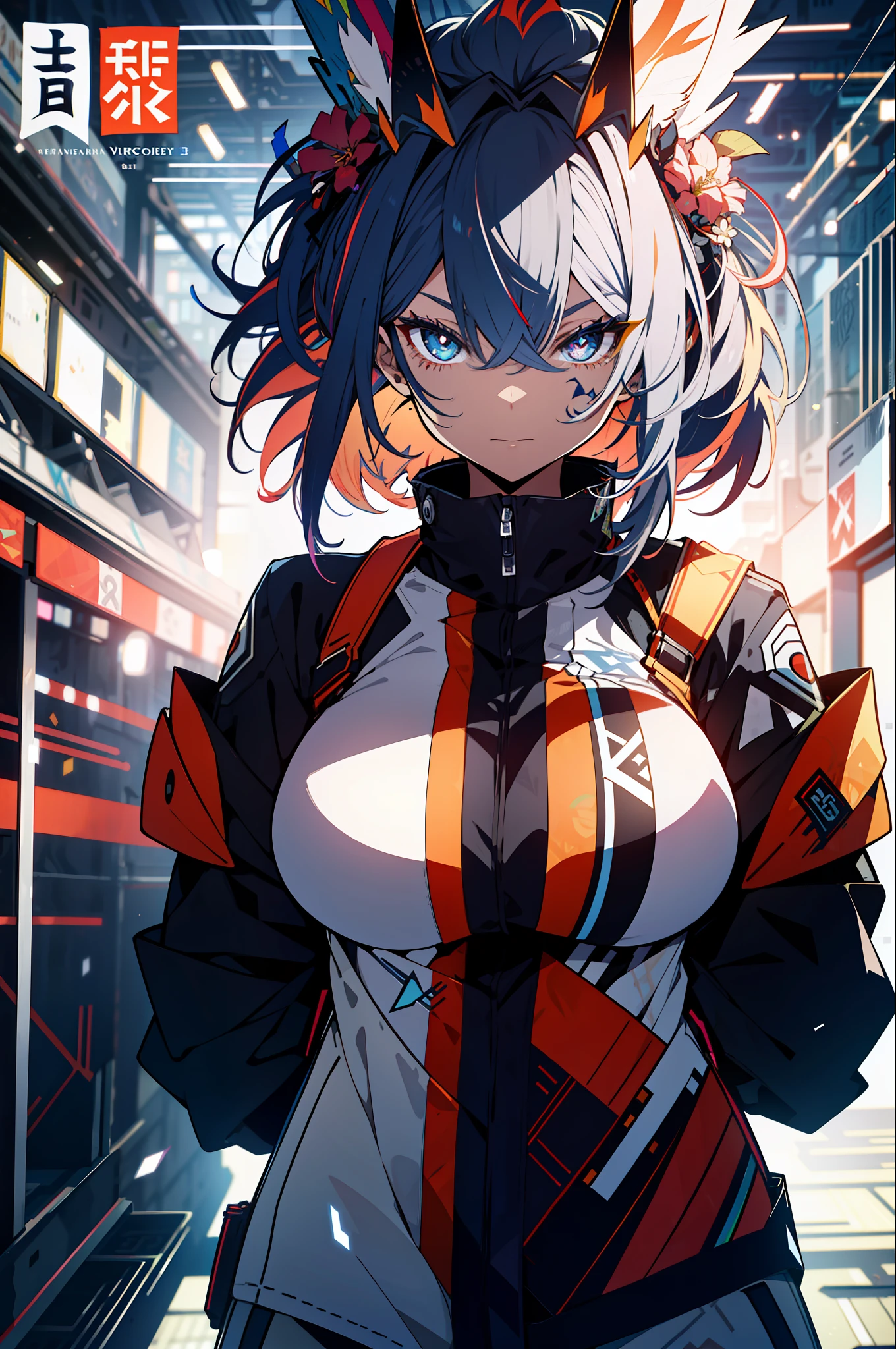background, language_text, Japanese letters in graffit ,girls, long black hair, excellent lighting, sidelighting, (), vhsKeeper,, style GUILTY GEAR -STRIVE perfect ultimate (flat color: 1.3), (magazine_cover: 1.4), (multicolored_background: 1.3)background, mixed-language_text, Japanese letters in graffit ,girls, long blonde hair, excellent lighting, sidelighting, perfect ultimate (flat color: 1.3), (magazine_cover: 1.4), (multicolored_background: 1.3), striped_background,  card_background, :: discs with sharp and shiny blades in the hand :: circular pieces of white metals glued to the ultra detailed arms coming out sparkling shine, black star design stamped in the middle of the shirt , perfect and detailed, ultra detailed shirt with abstract design and with Japanese letters in grafit print of the sides of the clothes, image of girls with big breast,  on top of a futuristic motorcycle, with immersive effects, hover effect, background graffiti style tribal tattoo with flowers and vibrant colors, "ultra HDR" detailed and with focus effect, (masterpiece: 1.2, best quality), (beautiful eyes with huge eyelashes finely detailed: 1.2), , ((Solo)), (Finely detailed eyes and detailed face: 1.3), in various full-body attack poses,  (cute background: 1.2),futuristic costume, super detailed circular metals Grabbed on arms and pants, fantastic paintings