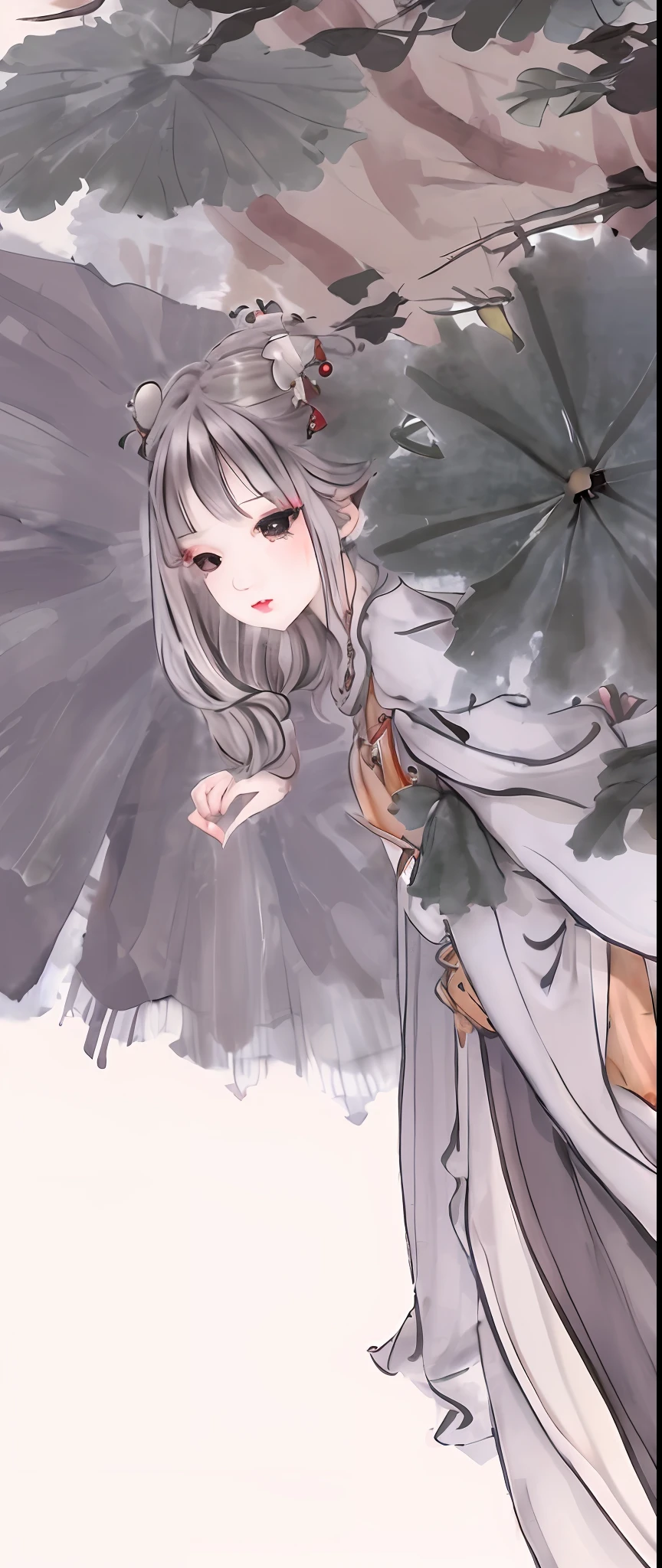 ((4k, masterpiece, best quality)), shuimobysim, Chinese painting, lotus, hanfu, maxiskit, dressed conservative 1 girl, solo, white hair, long hair, white, fish, many fish close to the girl, looking at the audience, teasing