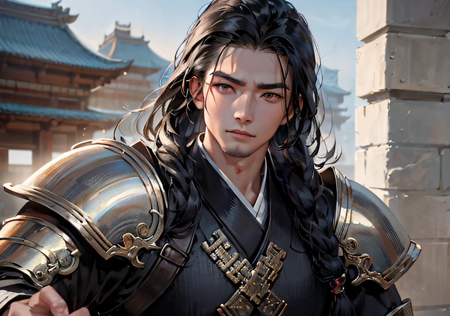 (ridiculous, high resolution, super detailed, realistic,), 1 asian young male, solo, adult, mature, tall muscular male, broad shoulders, handsome, long hair, black hair, brown eyes, angular chin, thick neck, thick eyebrows, daytime, ancient battlefield background, gunsmoke, rudimentary armor, upper body, ancient Chinese style --auto --s2