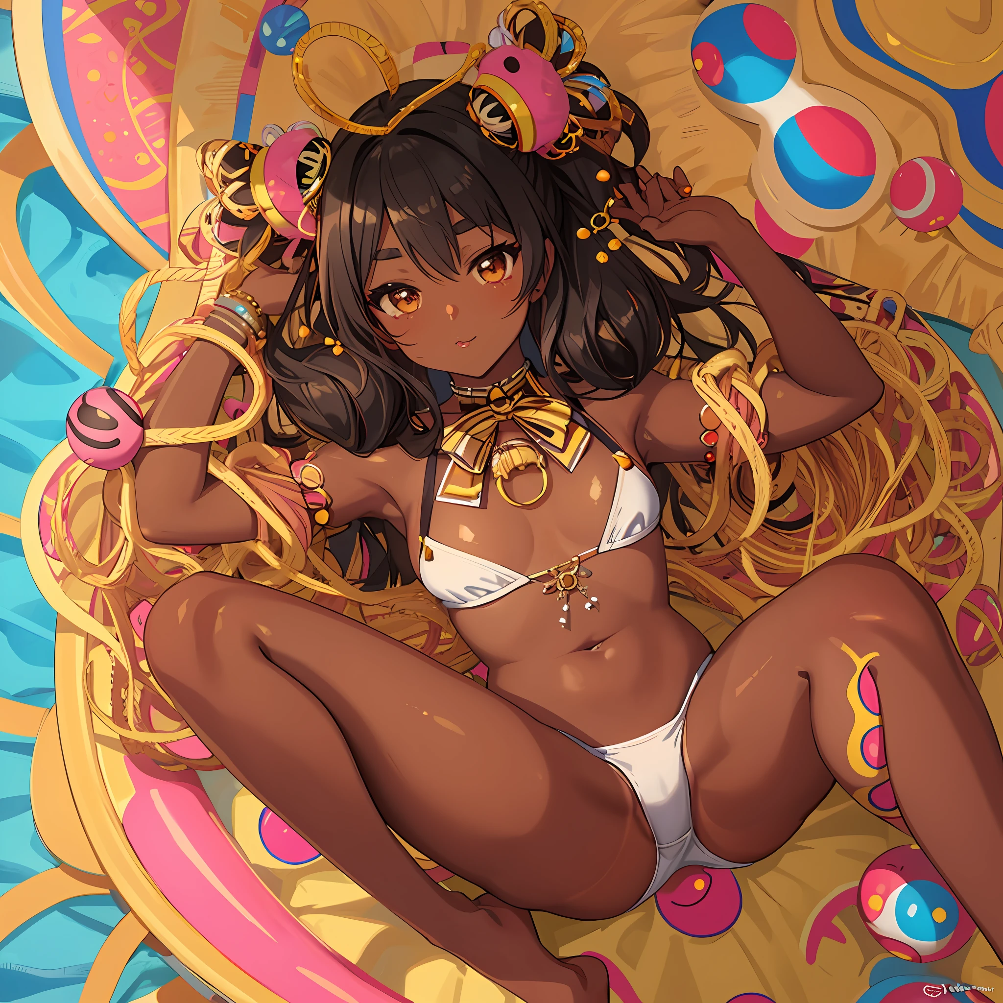 Yayoi Kusama, (dark skin: 0.5), (tanlines:1.1), (school swimsuit tan:1.2),(gyaru:1.3), fusion of seal and low-rise shorts, small, female brat, thick eyebrows, thin waist, pigtails, beautiful blonde hair, braid, rabbit ears, (masterpiece), ((highest quality)), (super detailed), girl, clean and detailed face, five fingers, Textile shading, perfect human structure, perfect anatomy,