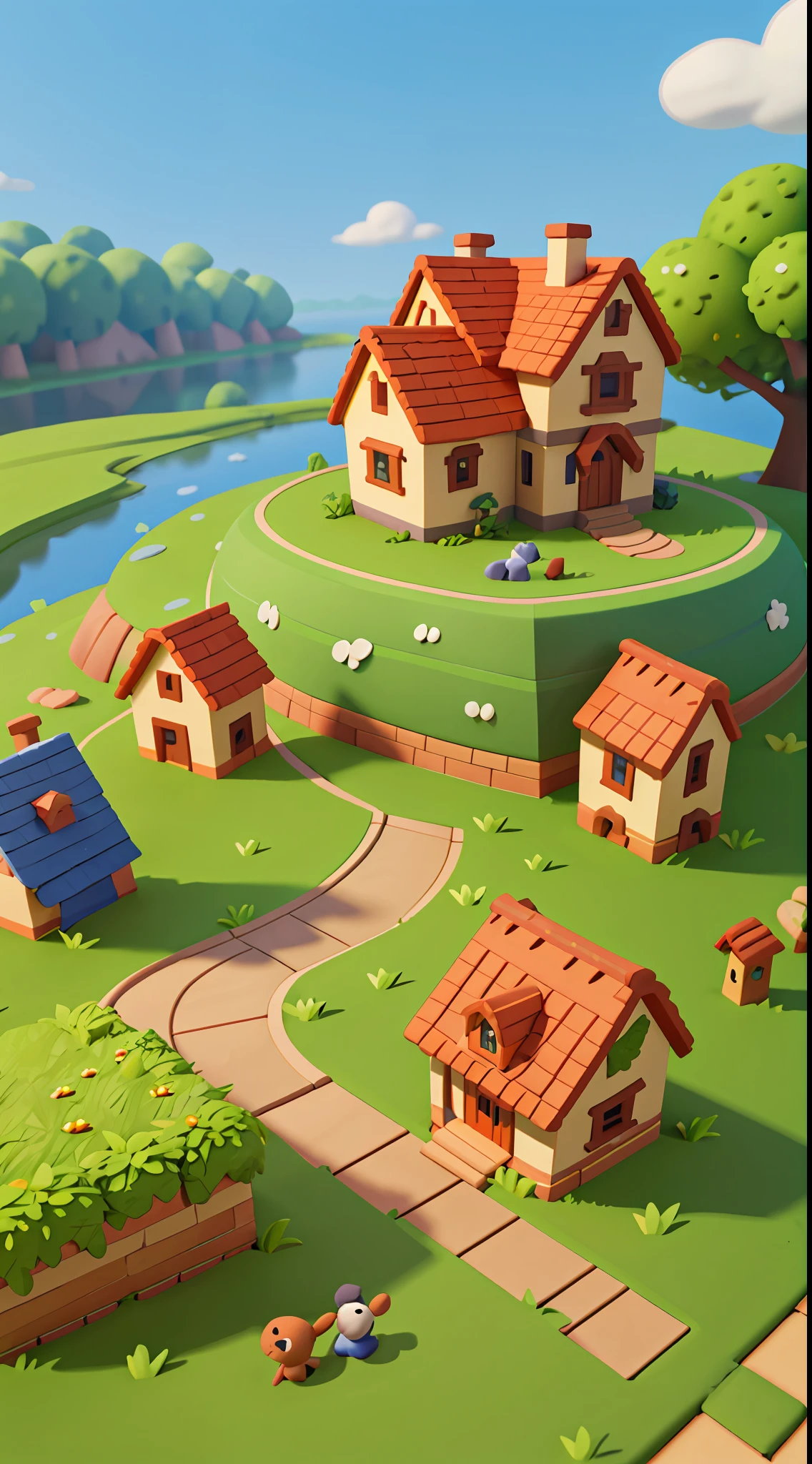 cartoon style, pixar style, polygon, game architectural design, fantasy, beautiful house, stone, brick, grass, river, flower, vegetable, wheat, tree, animal, casual play style, creative, best detail, cartoon style, 3d, blender, masterpiece, best quality, cartoon rendering, 8K, no shadows
