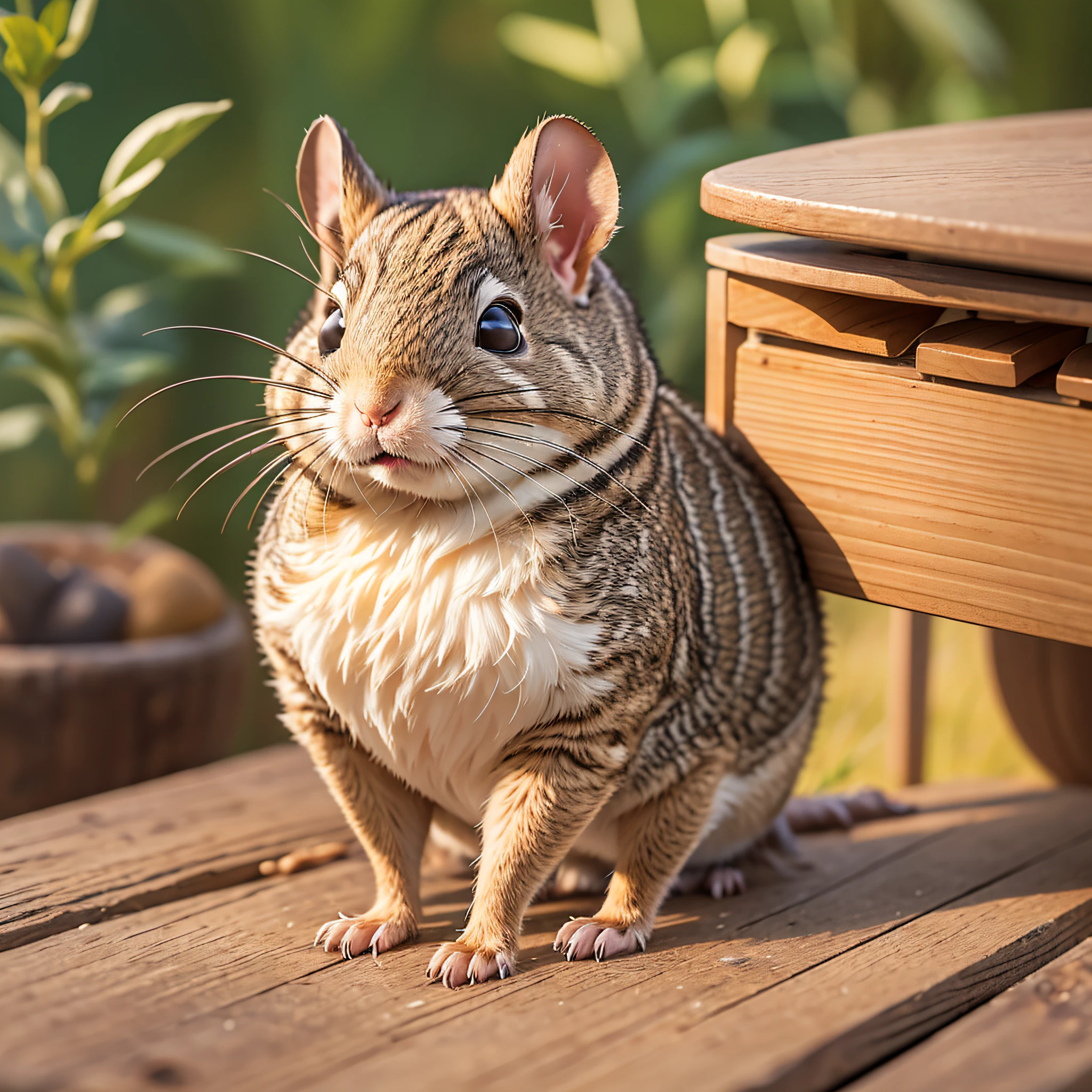 small brown rodent sitting at a wooden table, photo of Degu, photo taken with Sony A7R, rodent, close-up of adorable thing, chinchilla animal, degu, orange fluffy belly, --auto --s2