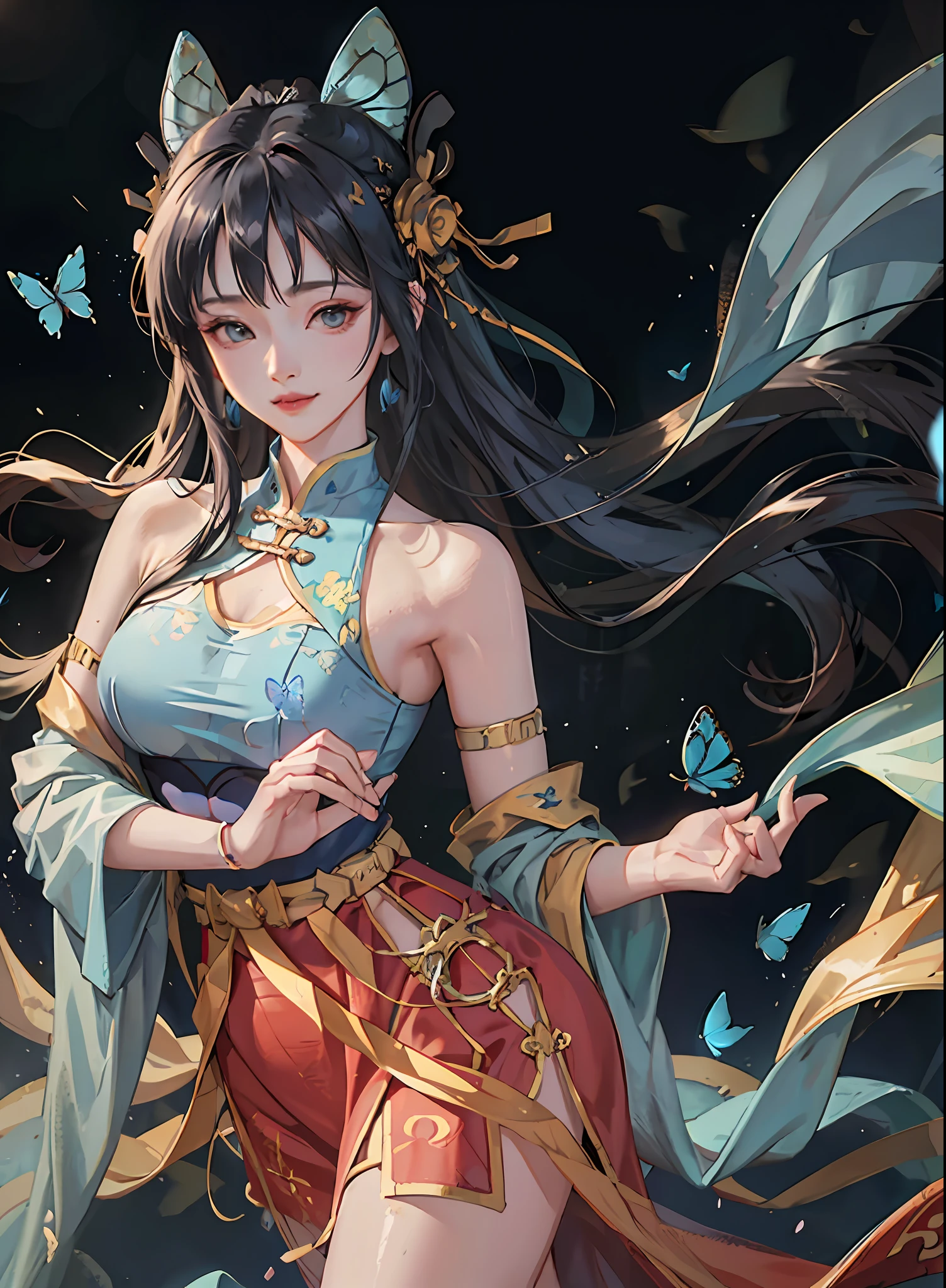 (RAW Photo, Best Quality), (Realistic, Photo Real: 1.3), Best Quality, Highly Detailed, Masterpiece, Ultra Detailed, Illustration, 1 Girl, upper_body, Dynamic Angle, World Mastery Theater, messy_long_hair, Best Quality, Extremely Detailed CG Uniform 8k Wallpaper, Ink, Amazing, Sexy, Smile, Movie Lights, lens_flare, dunhuang_style, (((surrounded by blue butterflies))), hinata/(boruto/), blunt bangs, long hair, ((Chinese attire))