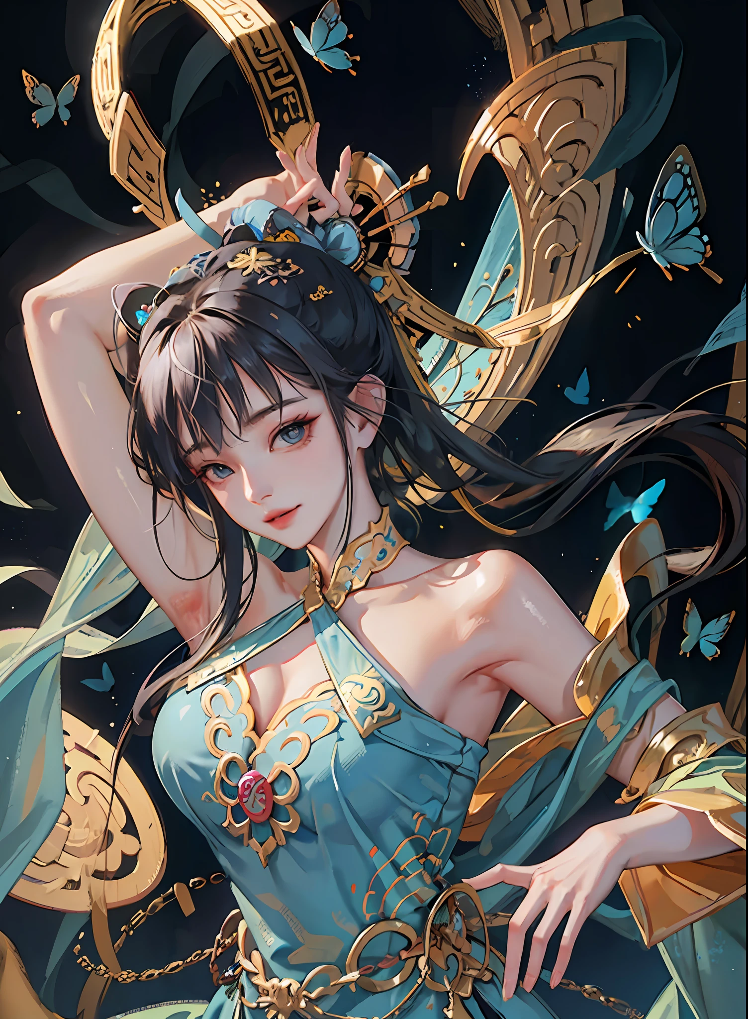 (RAW Photo, Best Quality), (Realistic, Photo Real: 1.3), Best Quality, Highly Detailed, Masterpiece, Ultra Detailed, Illustration, 1 Girl, upper_body, Dynamic Angle, World Mastery Theater, messy_long_hair, Best Quality, Extremely Detailed CG Uniform 8k Wallpaper, Ink, Amazing, Sexy, Smile, Movie Lights, lens_flare, dunhuang_style, (((surrounded by blue butterflies))), hinata/(boruto/), blunt bangs, long hair, ((Chinese attire))