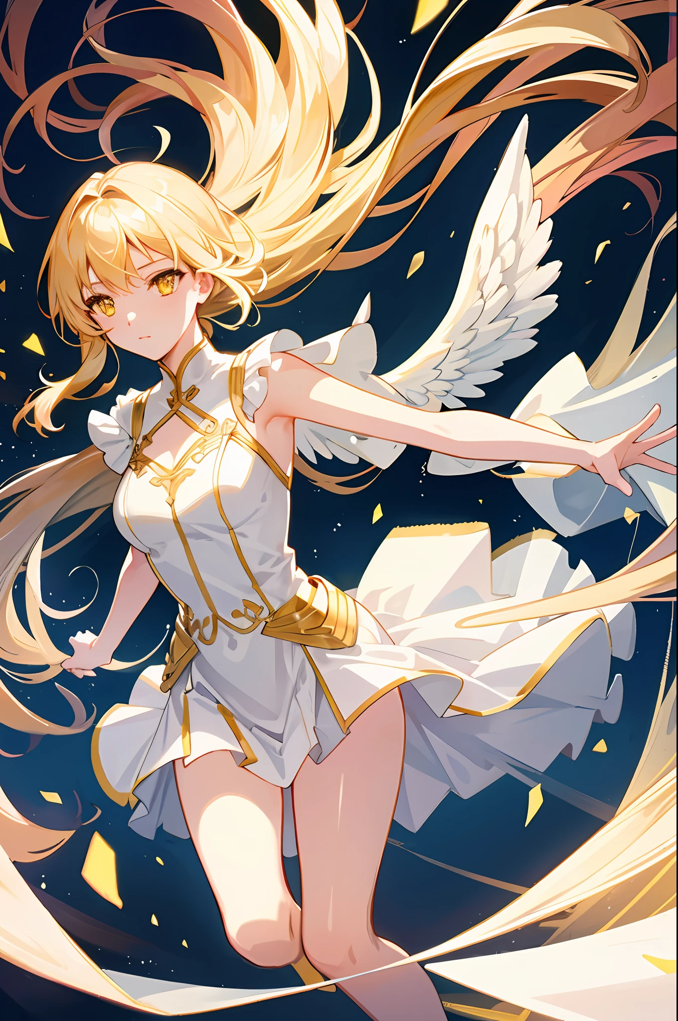 Extremely delicate and beautiful CG illustration, best quality, high resolution, dynamic angle, full-length lens, (1 girl), yellow eyes and straight white long hair, floating, soft light, high-profile lighting), angel