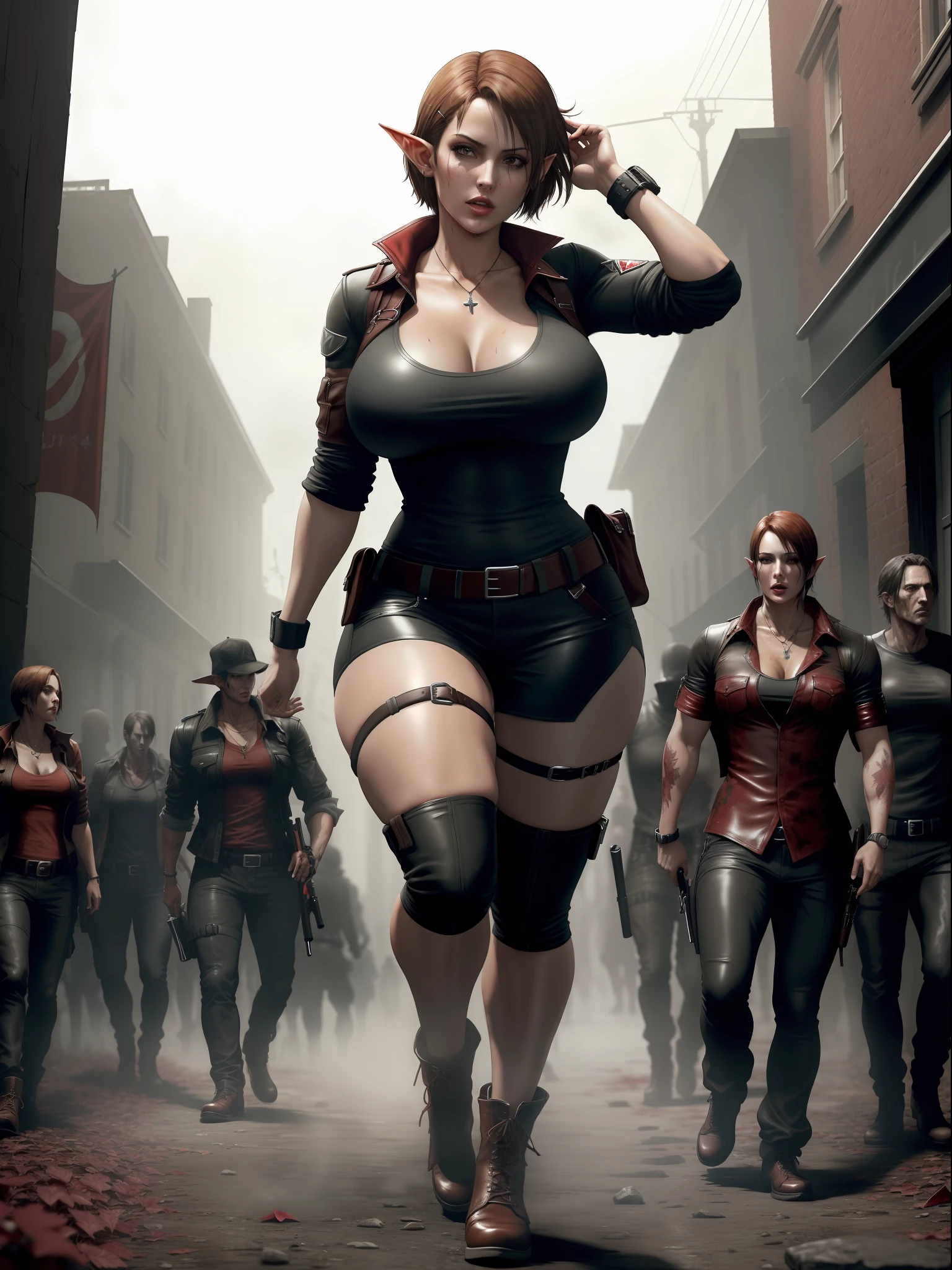 (Resident Evil 4+bloody:1.5), (full-body photo:1.7), (An elf woman and several zombies in the background:1.5), (she has gigantic breasts:1.5), (She's in Resident Evil 4+Leon's clothes with black T-shirt+brown leather chorte+extremely tight on her body:1.4), (she's walking in a night town full of zombies:1.7), (she has short brown hair:1.3), (she has blue eyes:1.3), (she's doing poses+for the viewer+holding an armada), Hyperrealism, 16k, best quality, high details, UHD