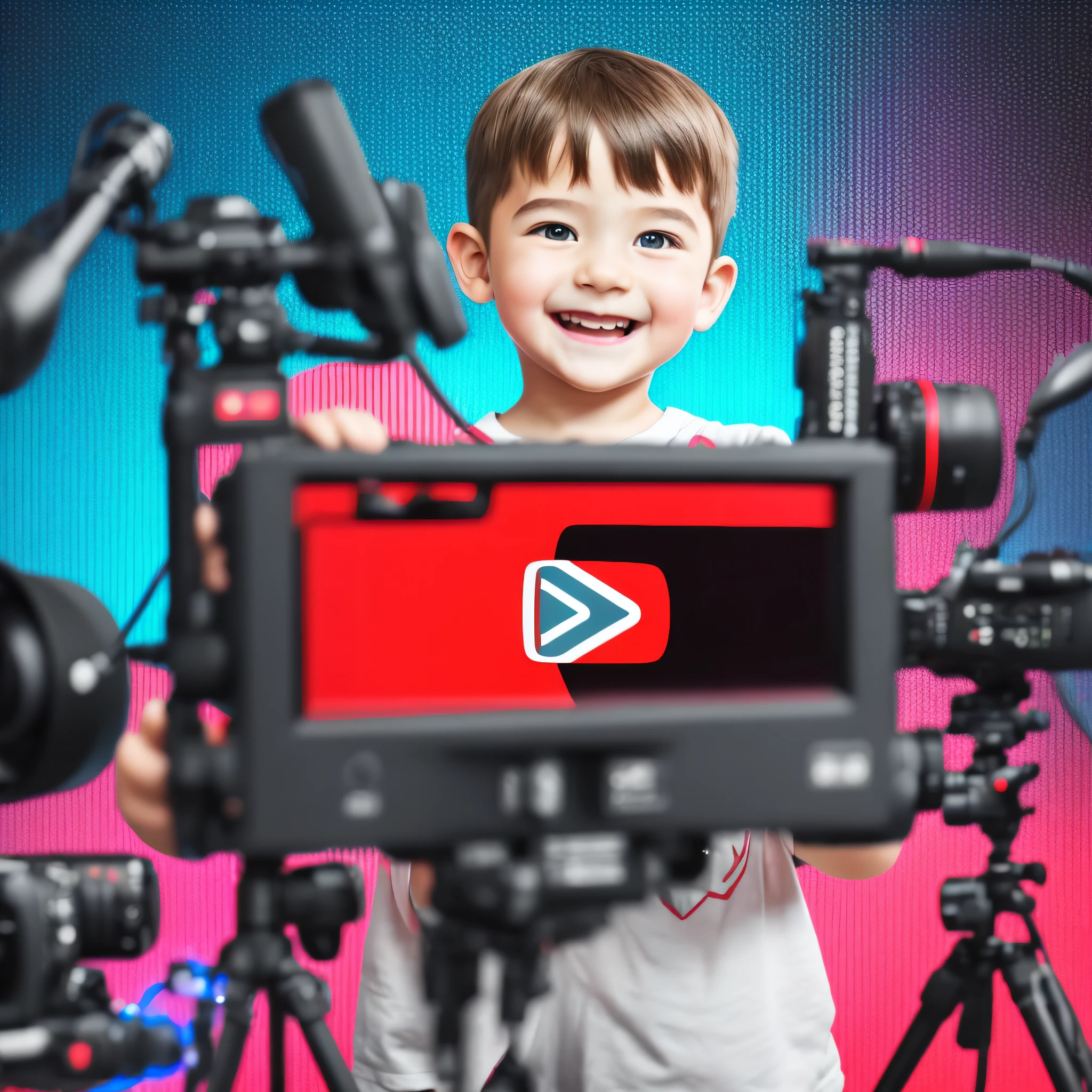boy, happy child, recording youtube video, background a studio, cameras, computers, realistic youtube logo, photo, red, Futurism, social realism, modern, Minimalism, Realism, Impressionism, cinematic lighting, UHD, best quality, super detail, anatomically correct --auto --s2