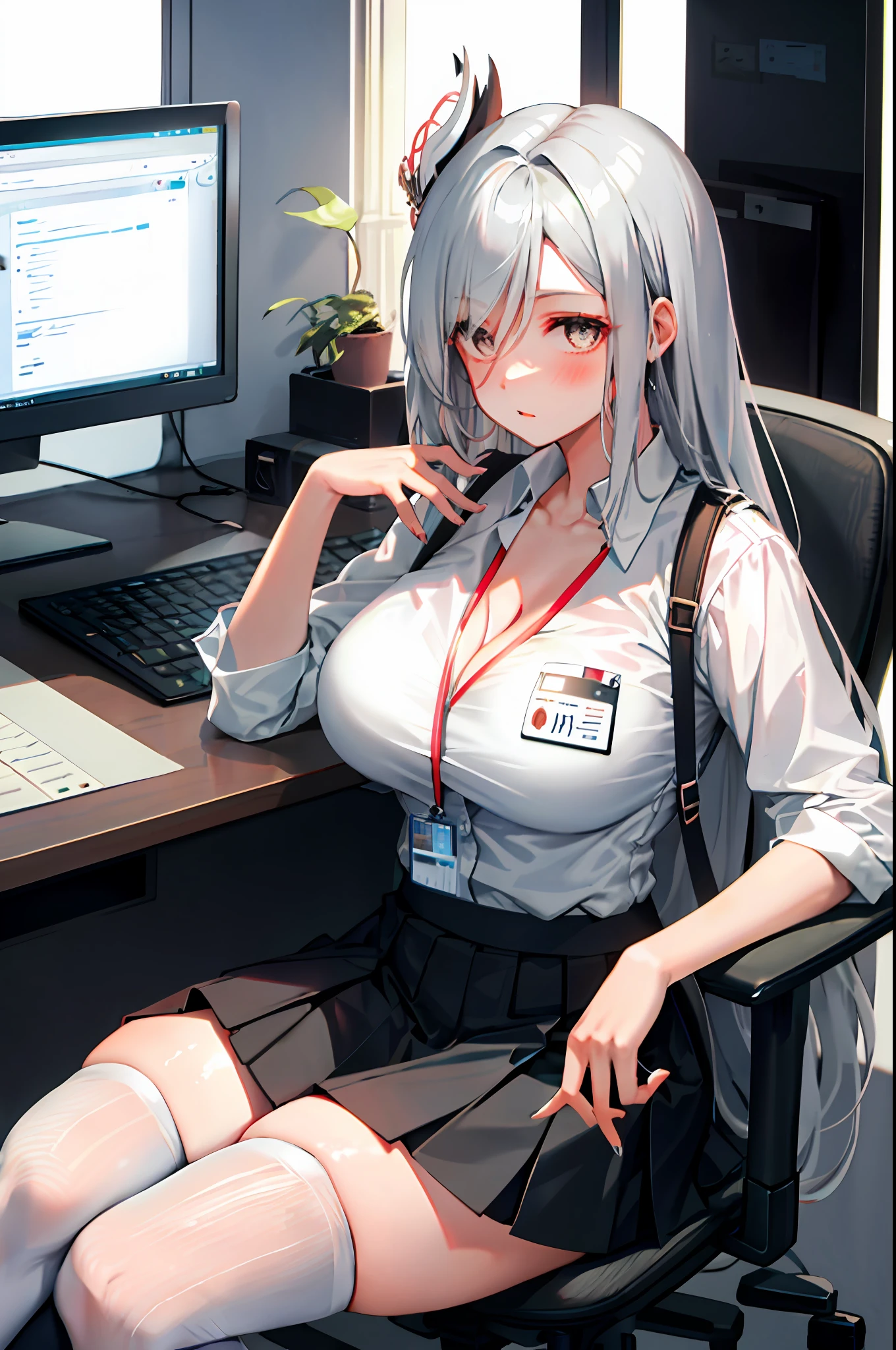 Shenhe, 1girl, solo, ((white shirt)), black thighhighs, breasts, cleavage, uniform, office background, black skirt, pleated skirt, office, hair between eyes, hair ornament, large breasts, long hair, looking at viewer, silver hair, silver short nails, silver eyes, solo, thighhighs, thighs, very long hair, ((masterpiece)), sitting, chair, desk, computer on desk, name tag, id tag, indoor, blush, sexy pose,