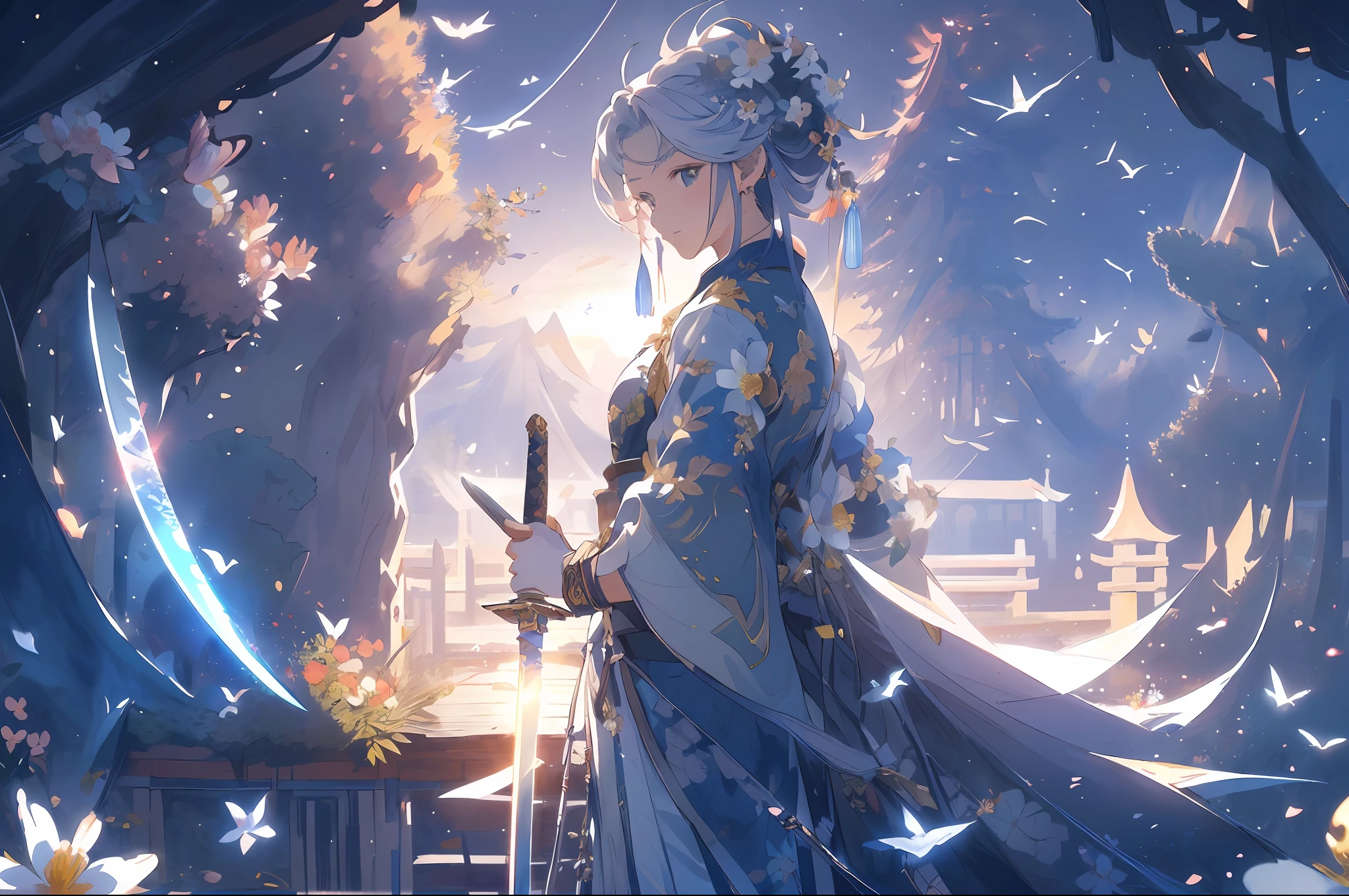 ((Masterpiece, Best Quality, Official Art, Unity 8K Wallpaper, Absurdity, High Resolution, Night, Starry Sky (Chinese Female Swordsman, 1girl:1.4), ((Pure White)), Looking Ahead, (Breathtaking Landscapes: 1.2), Natural Wonders, Tranquil Vistas, Forests, Alpines, Outdoor Adventures, (Diverse Ecosystems: 1.2), Scenic Beauty, Trees, Castles, Villages, flowers, bridges, fences, birds --v6