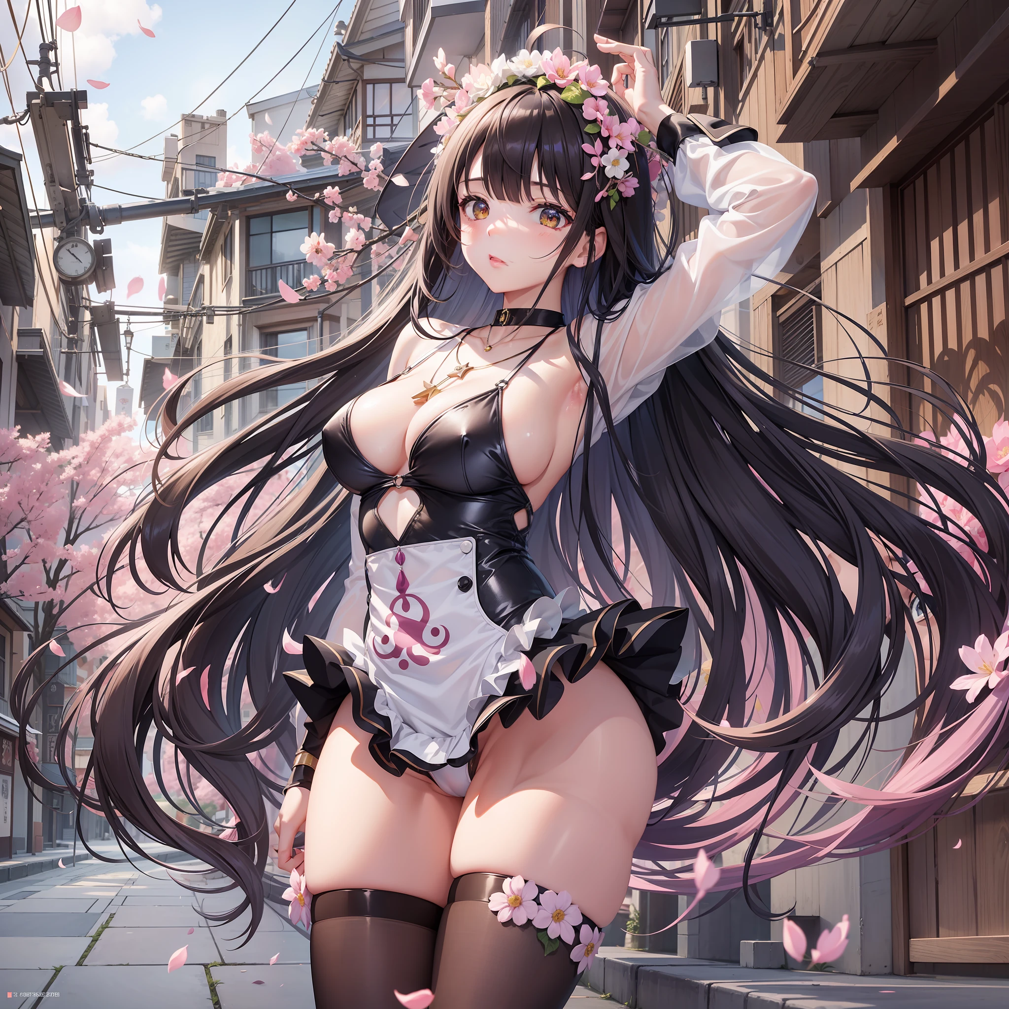 ujimatsu chiya,gochuumon wa usagi desu ka?,black hair,long hair,blunt bangs,blown hair,shiny hair,flower ornament,green eyes,medium breasts,japanese maid,long sleeve,on cafe, bright, photorealistic, armpits, sweat, girl,woman,female, absurdly long hair, hime cut, asymmetrical bangs, floating hair, pink hair, shiny hair, ^_^, medium_breasts, thighs, Beautiful accessories, data adorns hair, necklace, gloves, one-piece_swimsuit, white_shirt, shorts, bare_legs, Exquisite cloth, alley, outdoors, day, bloom, manga cover, highres, extremely detailed CG unity 8k wallpaper, very fine 8K CG wallpaper,