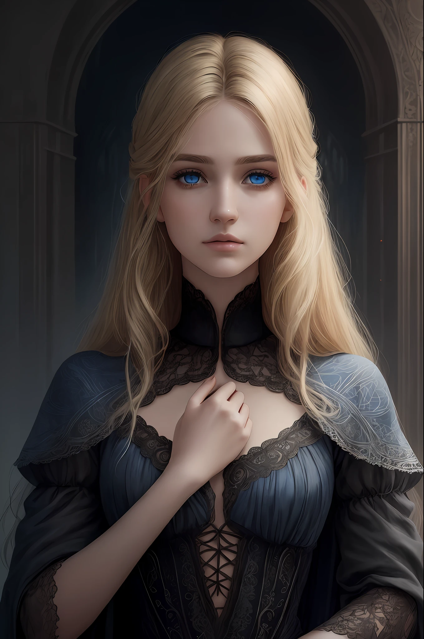 Create an [Comic book Luis Royo art style] couple formed by a man and a girl with [detailed linework], [dynamic shading], and [rich colors]. The young blond girl have [full body], blue eyes [expressive facial features] and [fluid body movements], with close attention paid to [her black liquid sensual dress with black lace veil], (fabric with intricate pattern:1.2), [heart-shaped] face, [delicately proportioned], with a [small nose] and [high cheekbones], full lips, [shinny blond straight medium hair styled], [black eyeliashes and brown], long, full eyelashes that add to her feminine charm, [slim petite body], neck exposed by the hair in a chignon, Lili from the movie Legend, fairy. The man has black hair, dark detailed eyes with shadows on the scleras, pale skin, dark clothes with dark light armor, Henri Cavil.  [althar of an evil temple background] [dark atmosphere]  should showcase [visible skin pores] that add to the realism. [imperfect, uneven, and irregular skin] should be depicted with [specular reflection], [subsurface scattering], and [diffuse reflection], capturing the [fair skin tone] The image should be captured in [natural light], with [soft shadows] that highlight her. The colors should be [RAW] and [vibrant], showcasing the [tragic] elements of the character, while remaining grounded in a sense of [realism]. Aim for a [photorealistic]. The image should have [intricate details]. The overall mood of the image should be [victorian], [ghotic] with a sense of [magic] and [power].