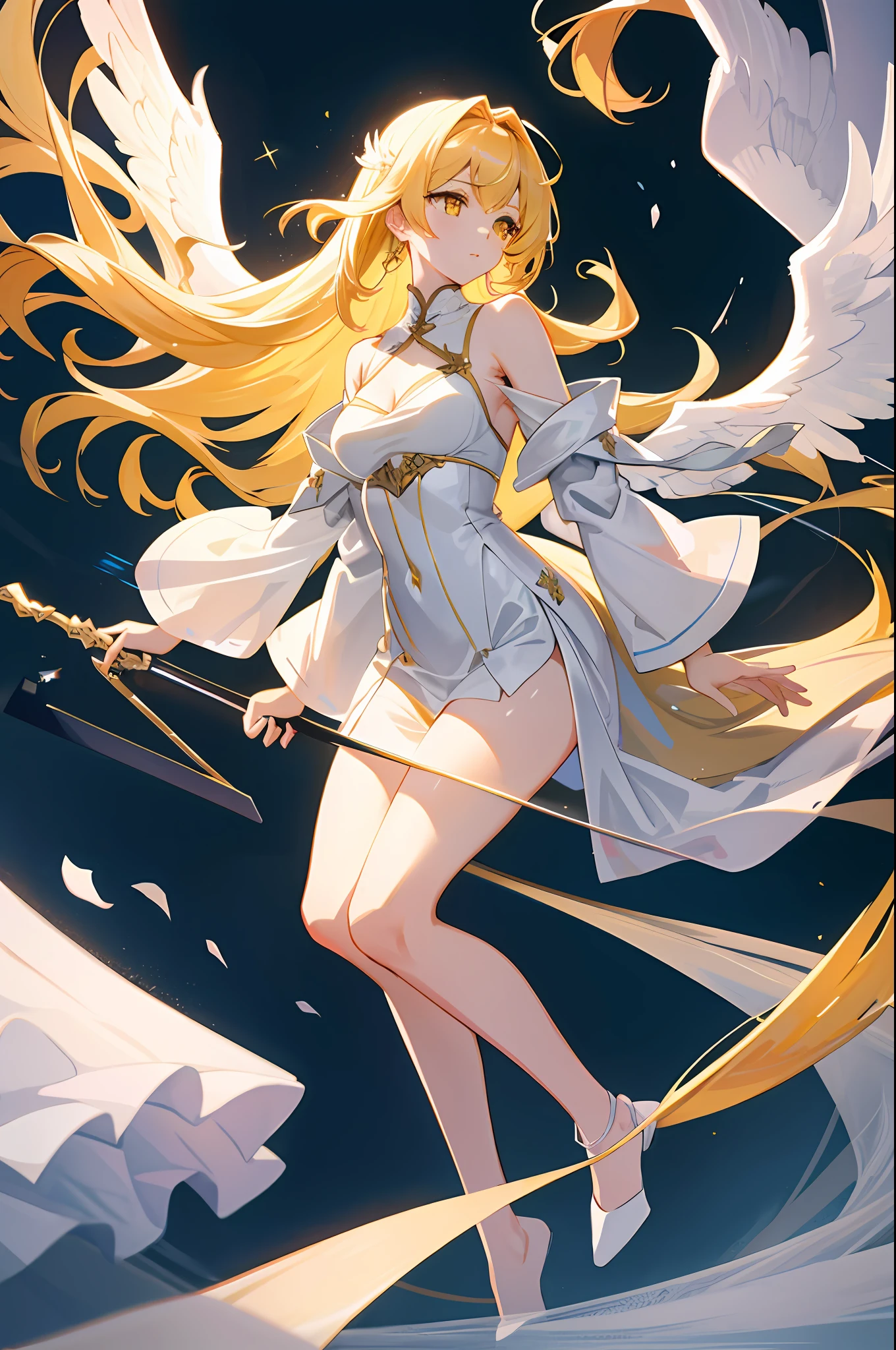 Extremely delicate and beautiful CG illustration, best quality, high resolution, dynamic angle, full-length lens, (1 girl), yellow eyes and straight white long hair, floating, soft light, high-profile lighting), angel