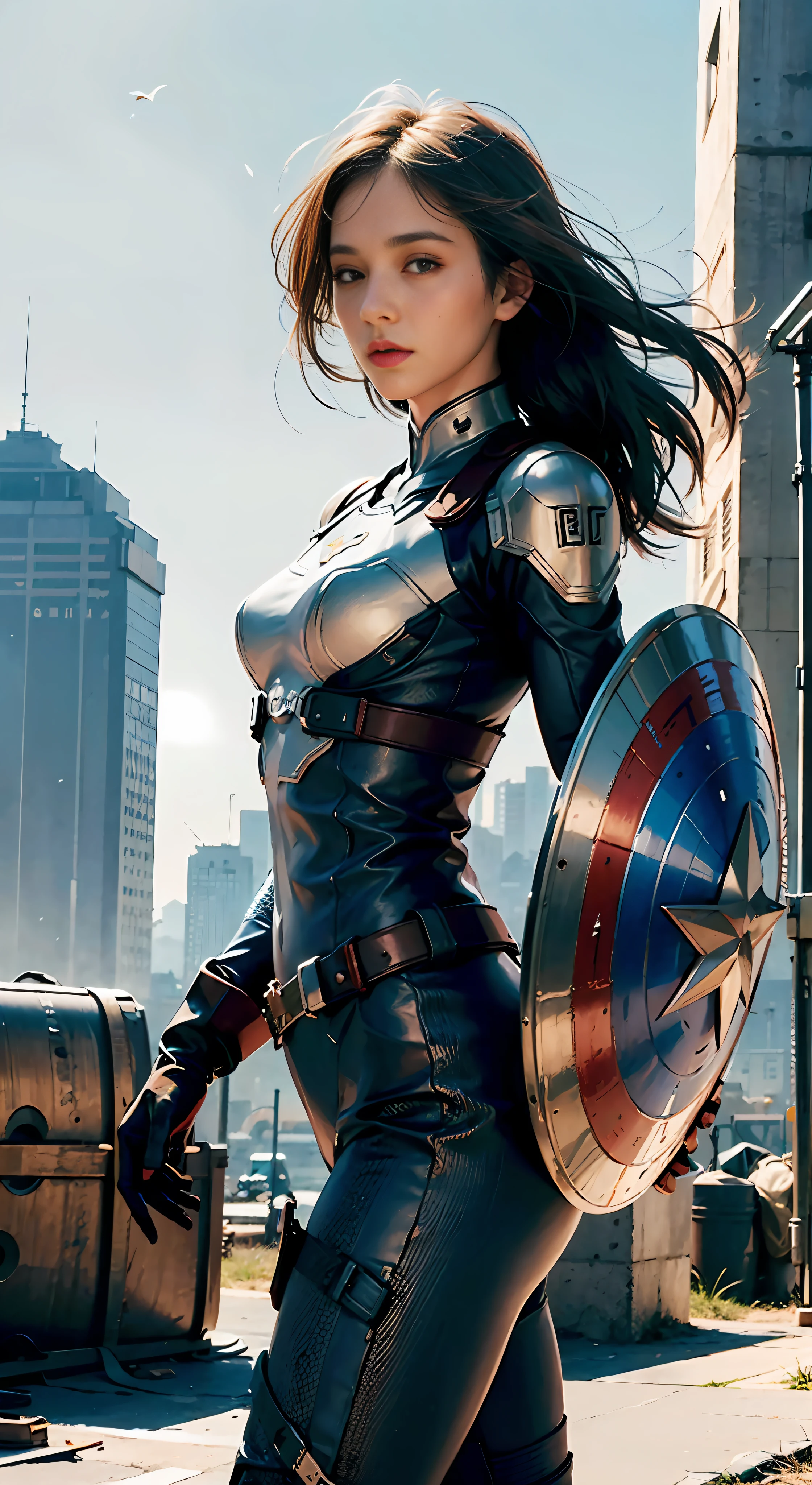 (1girl:1.3), solo, __body-parts__, official art, unified 8k wallpaper, super detailed, beautiful and aesthetic, beautiful, masterpiece, best quality, raw, masterpiece, super fine photo,, best quality, super high resolution, photorealistic photorealism, sunlight, full body portrait, amazing beauty,,dynamic pose, delicate face, vibrant eyes, (viewed from the side), she wears a futuristic Captain America suit, blue color scheme, (holding a shield in hand), A capital A on chest, very detailed abandoned warehouse background, detailed face, detailed complex busy background, messy, gorgeous, milky white, highly detailed skin, realistic skin details, visible pores, sharp focus, volumetric fog, 8k uhd, DSLR camera, high quality, film grain, fair skin, photo realism, lomography, huge metropolis in future dystopia, seen from below, translucent