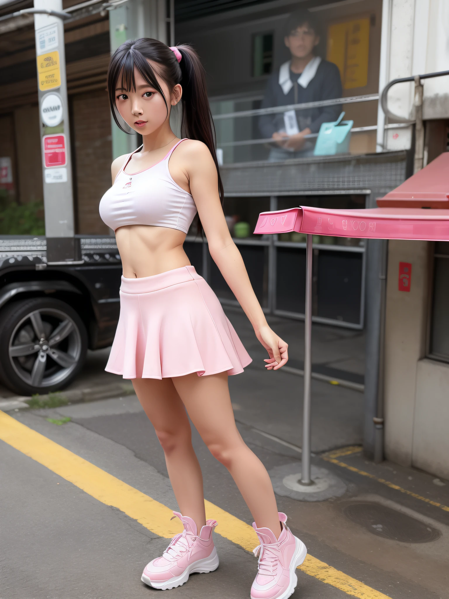 Pink skirt with frills, pink crocodile shoes, double ponytail, red backpack, T-shirt, solo, woman, (pyoapple v1:1.05), pyoapple, (lips parted, light smile), (shiny skin: 1.1), blush, (bangs)), long hair, skindentation, ((slim skinny body)), (long legs), model figure, best quality, super high resolution, (realism), (detailed face and eyes), Industrial ghetto cyberpunk dystopian background,