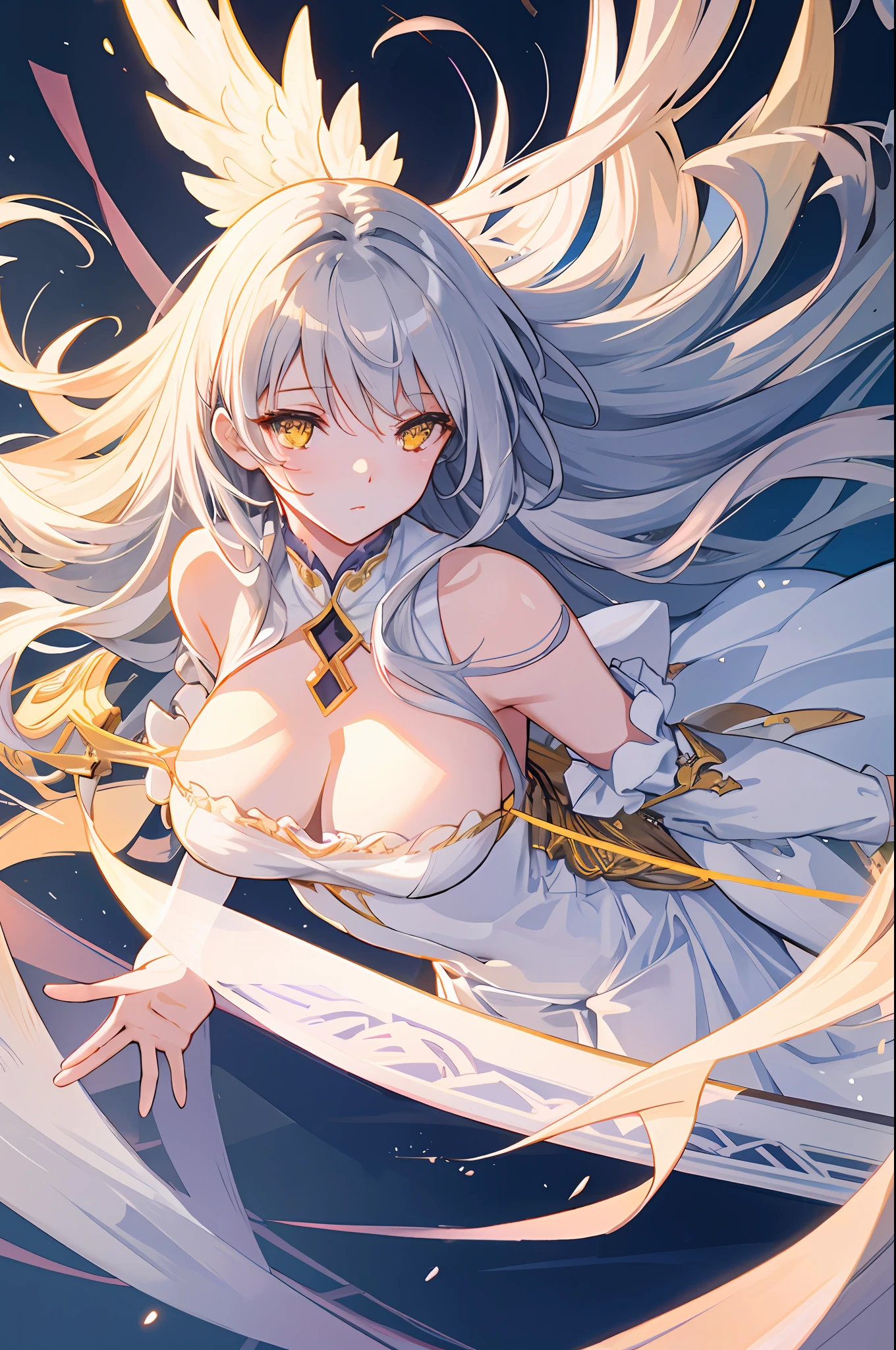 Extremely delicate and beautiful CG illustration, best quality, high resolution, dynamic angle, full-length lens, (1 girl), yellow eyes and straight white long hair, floating, soft light, high-profile lighting), angel