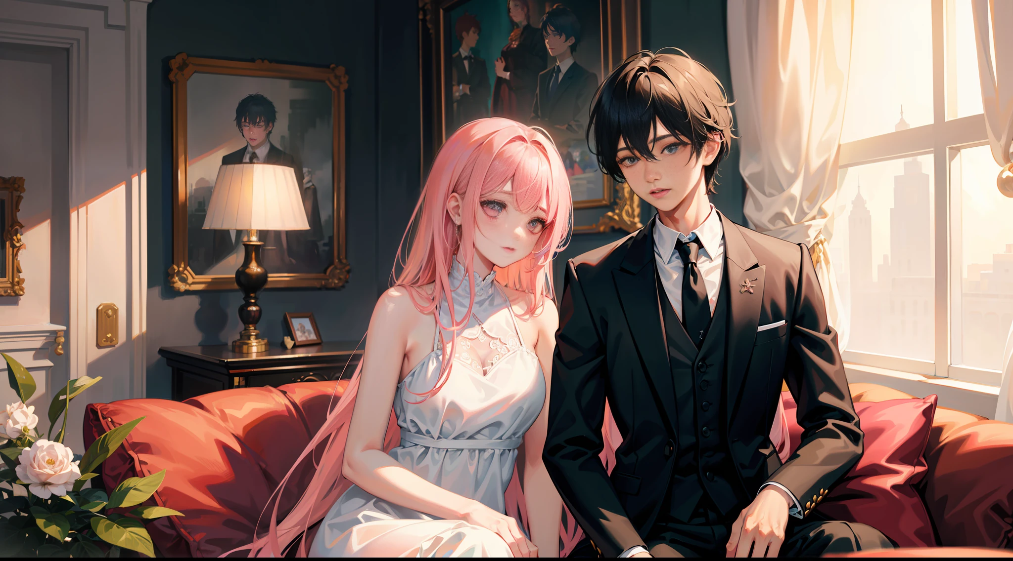 Masterpiece, best quality, super detailed, illustration, beautiful detailed eyes, close up, sofa, a boy and a girl in the room. It is a white slip dress with pink hair. The boy is black hair, black suit clothes pants. Girl and boy standing and looking at each other