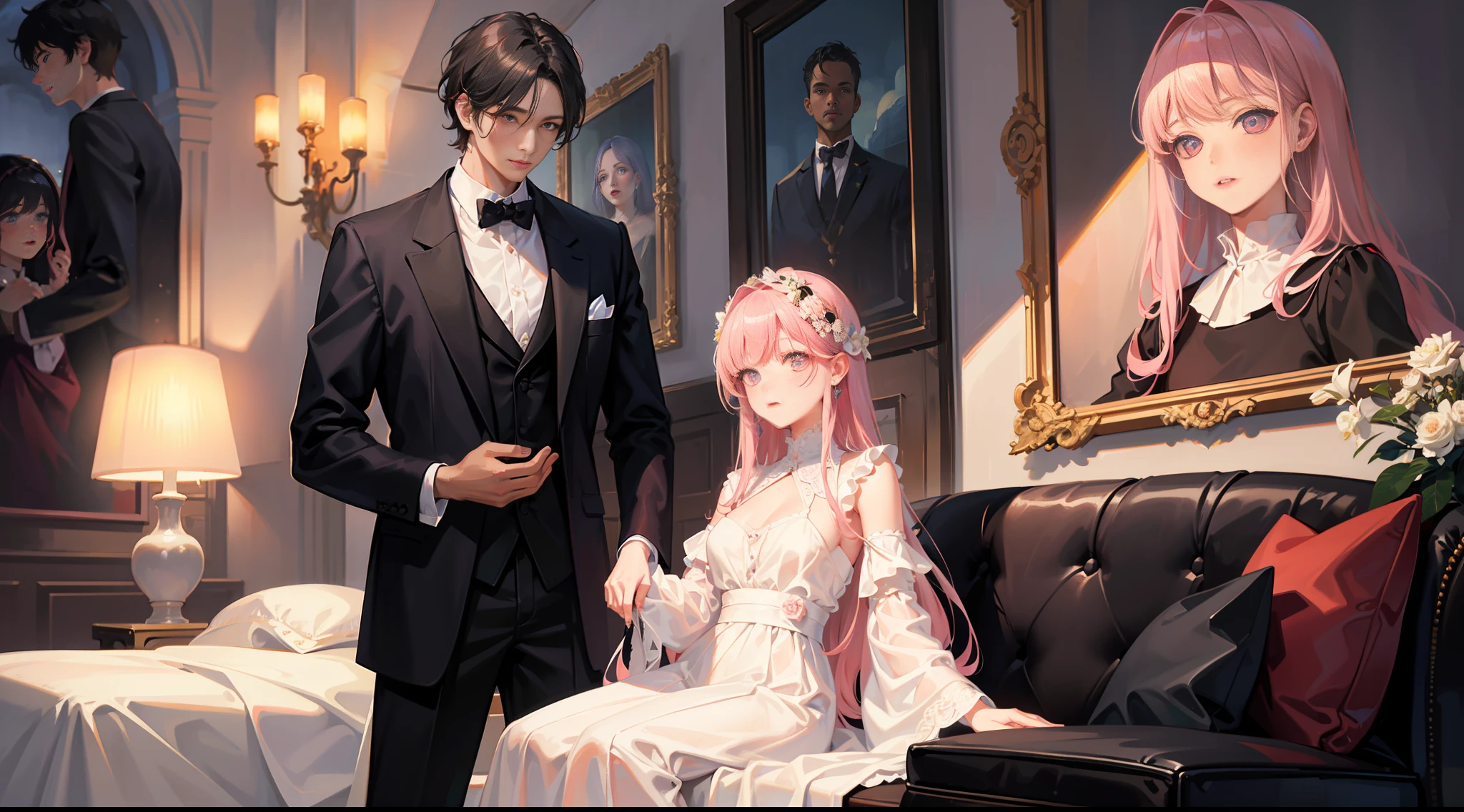 Masterpiece, best quality, super detailed, illustration, beautiful detailed eyes, close up, sofa, a boy and a girl in the room. It is a white slip dress with pink hair. The boy is black hair, black suit clothes pants. Girl and boy standing and looking at each other