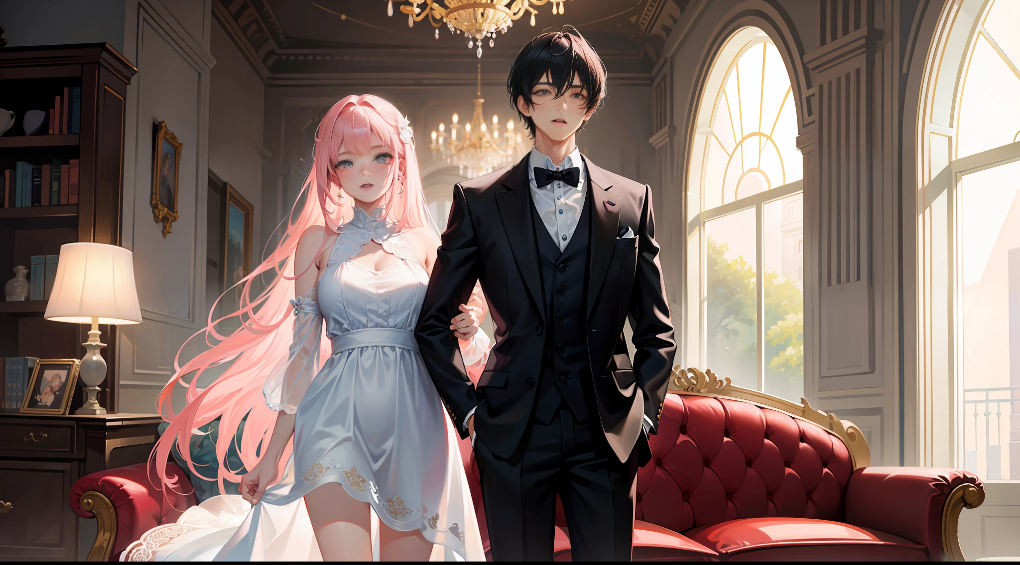 Masterpiece, best quality, super detailed, illustration, beautiful detailed eyes, close up, sofa, a boy and a girl in the room. It is a white slip dress with pink hair. The boy is black hair, black suit clothes pants. Girl and boy standing and looking at each other