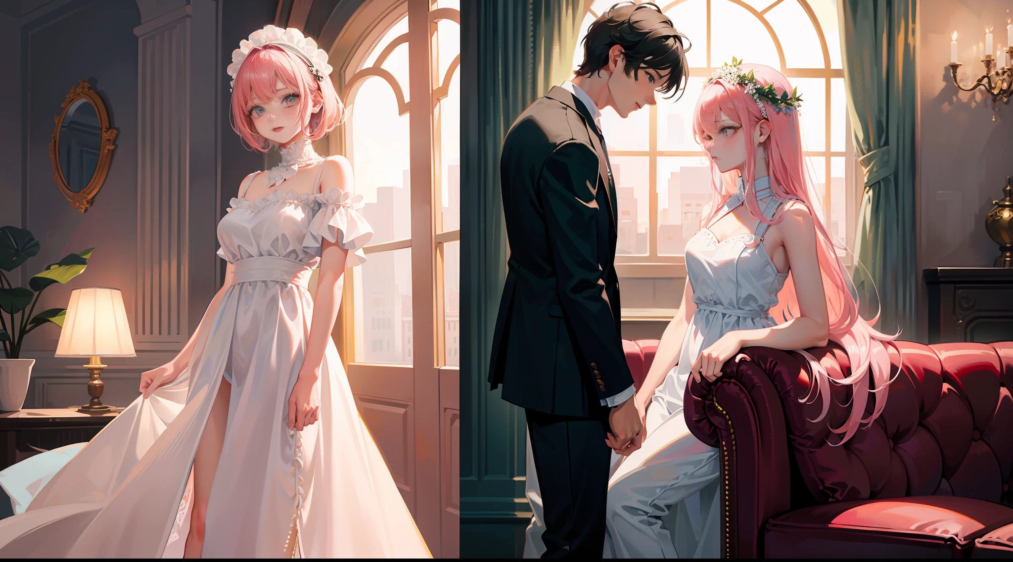 Masterpiece, best quality, super detailed, illustration, beautiful detailed eyes, close up, sofa, a boy and a girl in the room. It is a white slip dress with pink hair. The boy is black hair, black suit clothes pants. Girl and boy standing and looking at each other