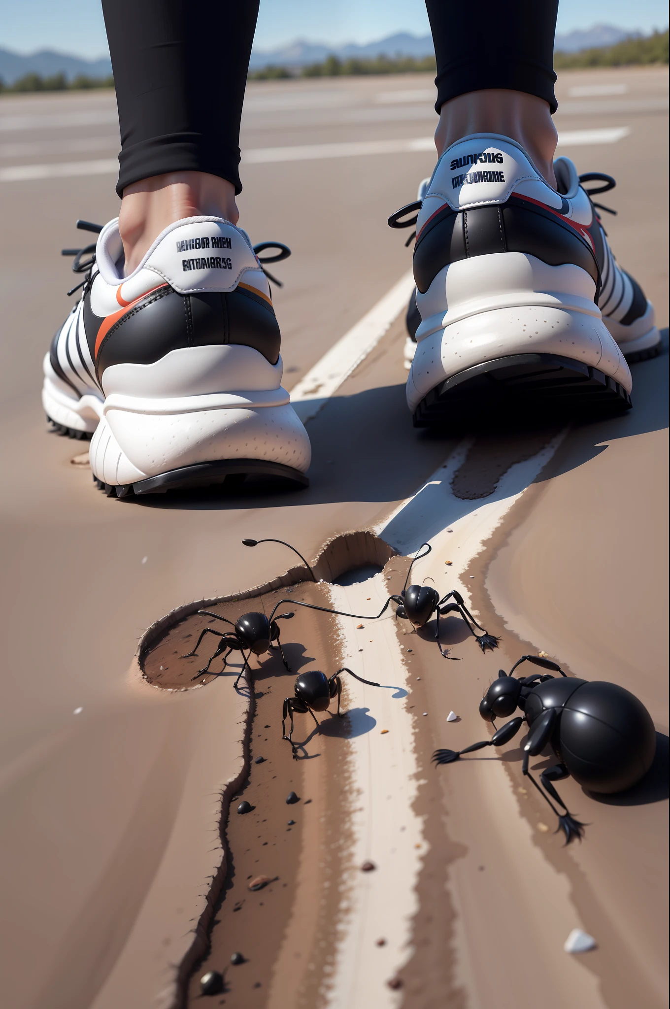 black hair, A age girl in sportswear and sneakers is stepping on the view of ants among them, 8k, super detail