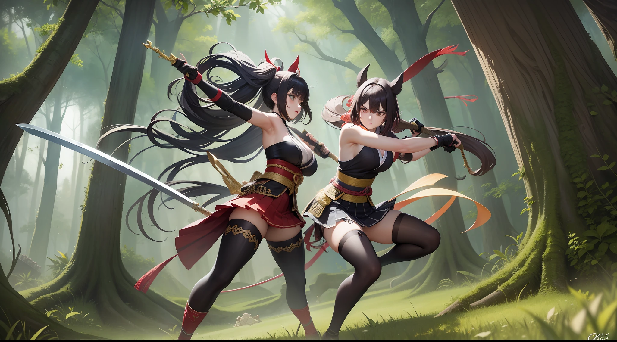 Full body shot of two adult females locked in an intense battle, wielding swords with deadly intent. They have long loose hairstyles as they clash in traditional sleeveless kimonos, cinched at the back hip by striking obis. The fighters are adorned with black long gloves at their two hands, pleated skirts, and black thigh highs at their two legs. The battle takes place in a dense and lush forest.