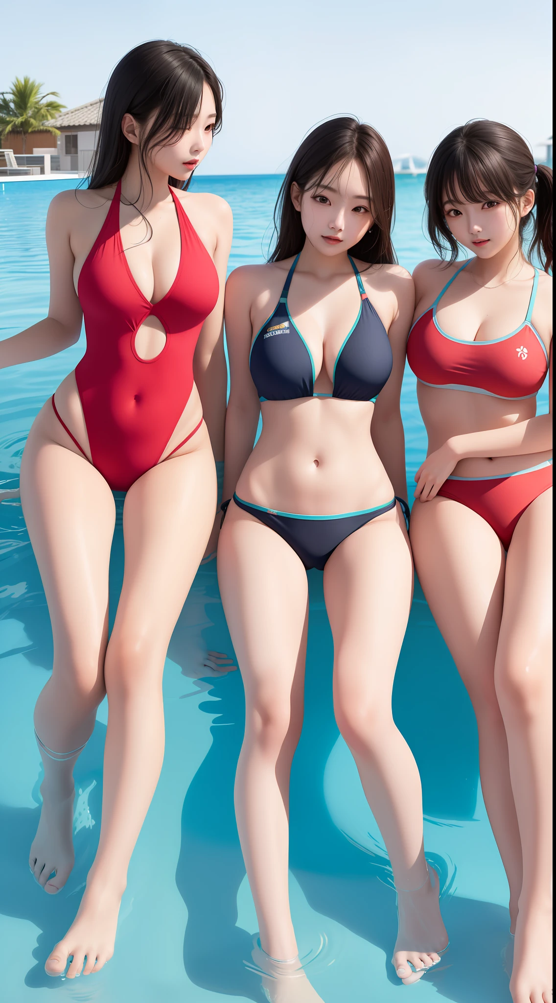 Multiple girls, 5 people, (aligned), side by side, large breasts, from below (masterpiece, high quality: 1.2), kpop, wet, squint, embarrassing look, Korean makeup, high-leg swimsuit, colorful swimsuit, full body, nasty swimsuit, perforated swimsuit