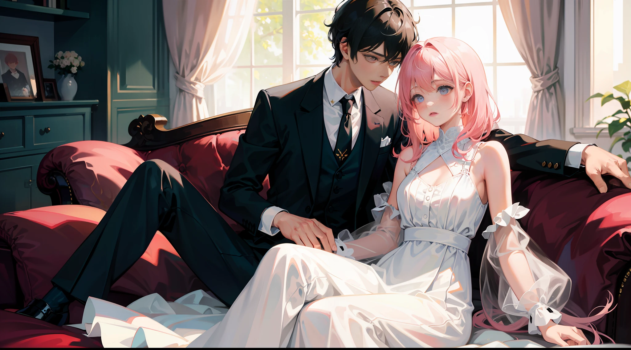 Masterpiece, best quality, super detailed, illustration, beautiful detailed eyes, close up, sofa, a boy and a girl in the room. It is a white slip dress with pink hair. The boy is black hair, black suit clothes pants. The girl crouched on the ground and draped in a suit behind her, and the boy threw his hand