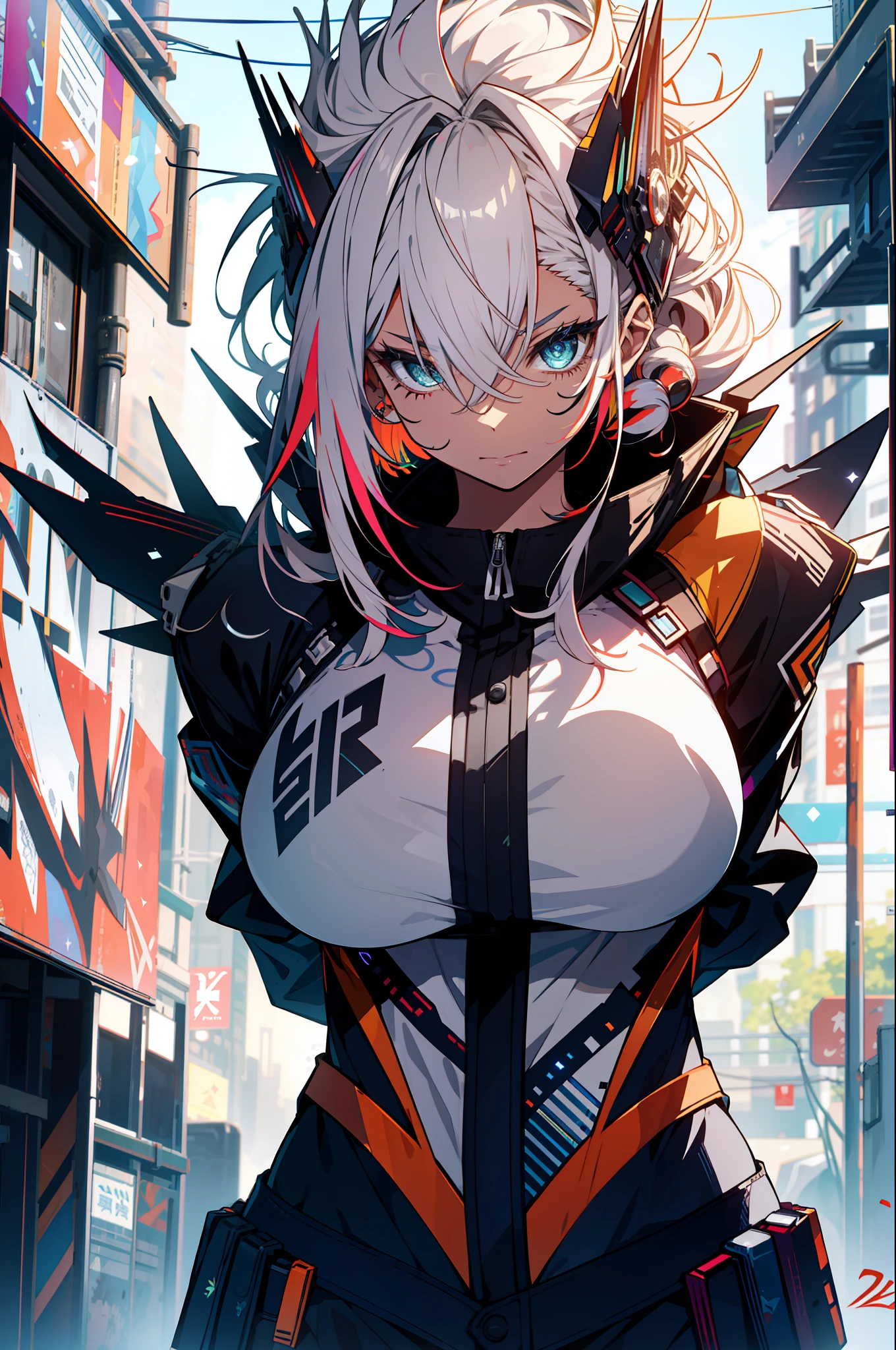 background, mixed-language_text, Japanese letters in graffit, girls, long blonde hair, excellent lighting, sidelighting, perfect ultimate (flat color: 1.3), (magazine_cover: 1.4), (multicolored_background: 1.3), striped_background, card_background, :: discs with sharp and shiny blades in the hand :: circular pieces of white metals glued to the ultra detailed arms coming out sparkling glow, black star design stamped in the middle of the shirt ,  perfect and detailed, ultra detailed shirt with abstract design and with Japanese letter print in graffiti on the sides of the clothes, image of girls with big breast, on top of a futuristic motorcycle, with immersive effects, hover effect, background graffiti style tribal tattoo with flowers and vibrant colors, "ultra HDR" detailed and with focus effect,  (masterpiece: 1.2, best quality), (beautiful eyes with huge eyelashes finely detailed: 1.2), , ((Solo)), (Finely detailed eyes and detailed face :1.3), in various full-body attack poses, (cute background: 1.2),futuristic costume, super detailed circular metals Grabbed on arms and pants, fantastic paintings