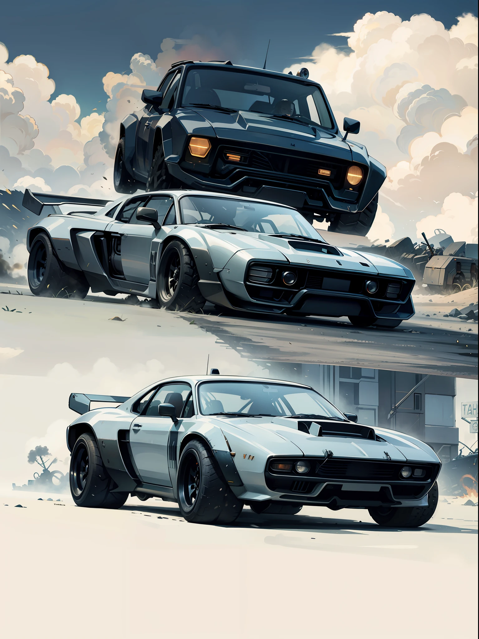 A futuristic, post apocalyptic, mad max, aggressive, dangerous, badass car