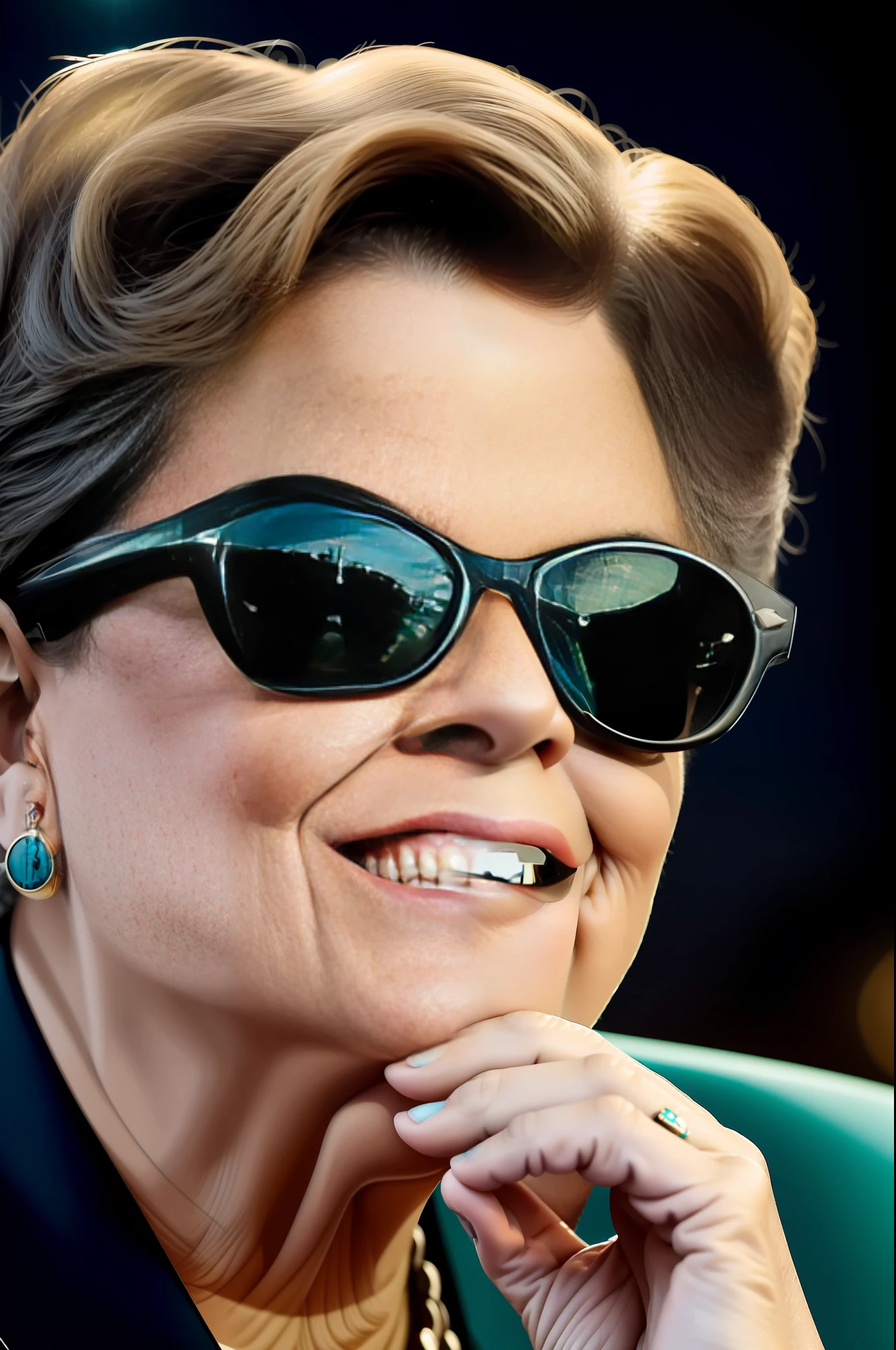 Dilma Rousseff wearing a black letter jacket with teal details, using black ray ban glasses with black lenses that makes it impossible to see her eyes, a badass expression on her face, epic lighting, night time, National Congress Palace of Brasilia perfectly visible from afar in the background