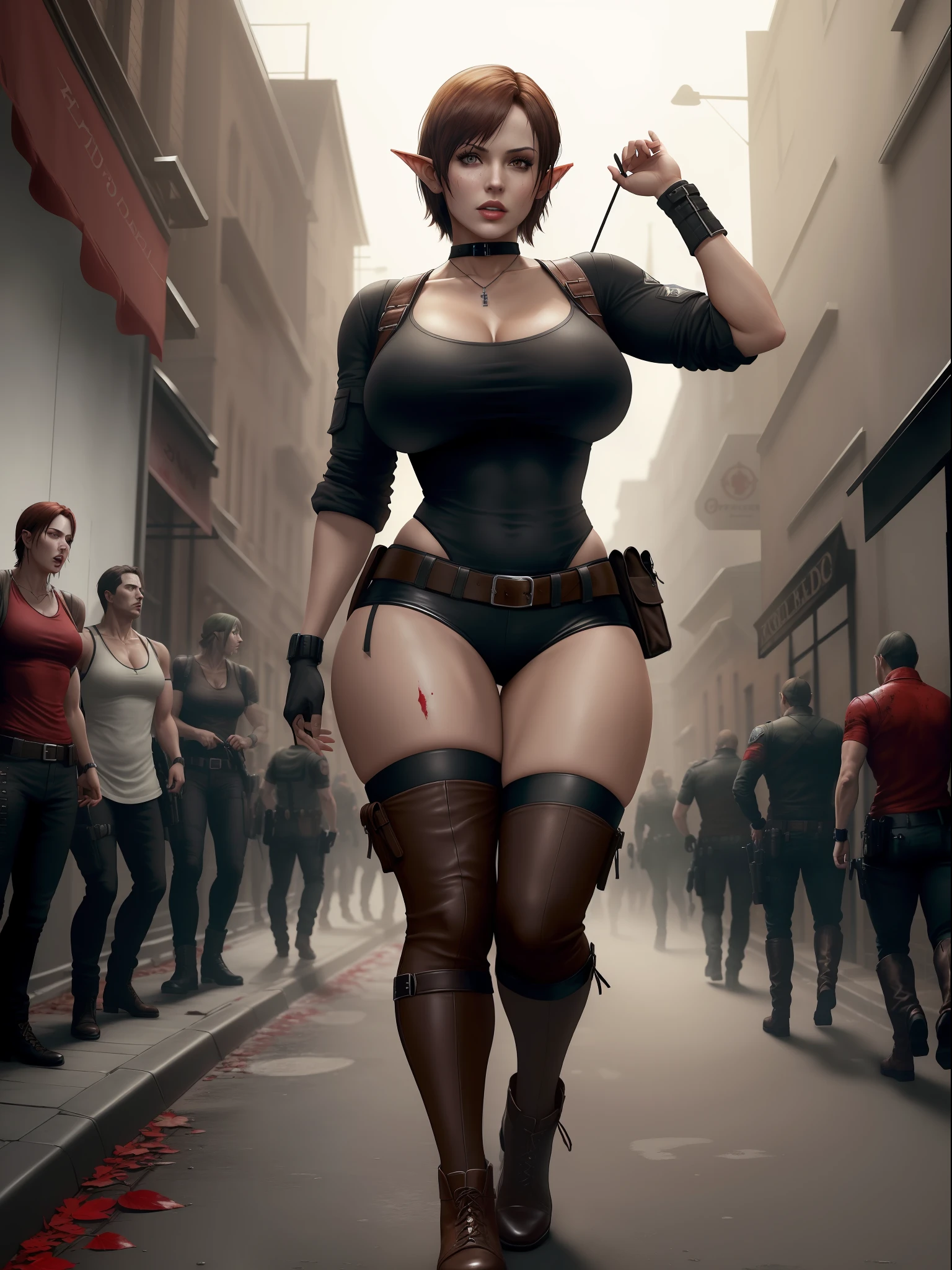 (Resident Evil 4+bloody:1.5), (full-body photo:1.7), (An elf woman and several zombies in the background:1.5), (she has gigantic breasts:1.5), (She's in Resident Evil 4+Leon's clothes with black T-shirt+brown leather chorte+extremely tight on her body:1.4), (she's walking through a night town crowded with zombies:1.5), (she has short brown hair:1.3), (she has blue eyes:1.3), (she's doing poses+for the viewer+holding an armada), Hyperrealism, 16k, best quality, high details, UHD
