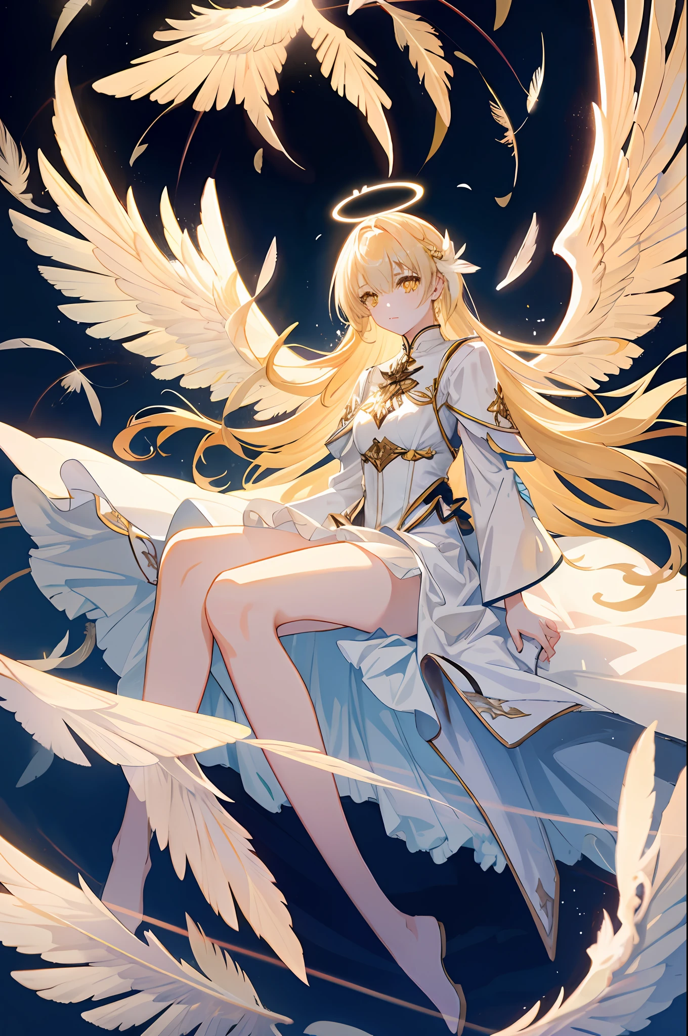 Extremely delicate and beautiful CG illustration, best quality, high resolution, dynamic angle, full-length lens, (1 girl), yellow eyes and straight white long hair, floating, soft light, high-key lighting), angel, 2 pairs of big wings, glowing light, halo, feathers fluttering background