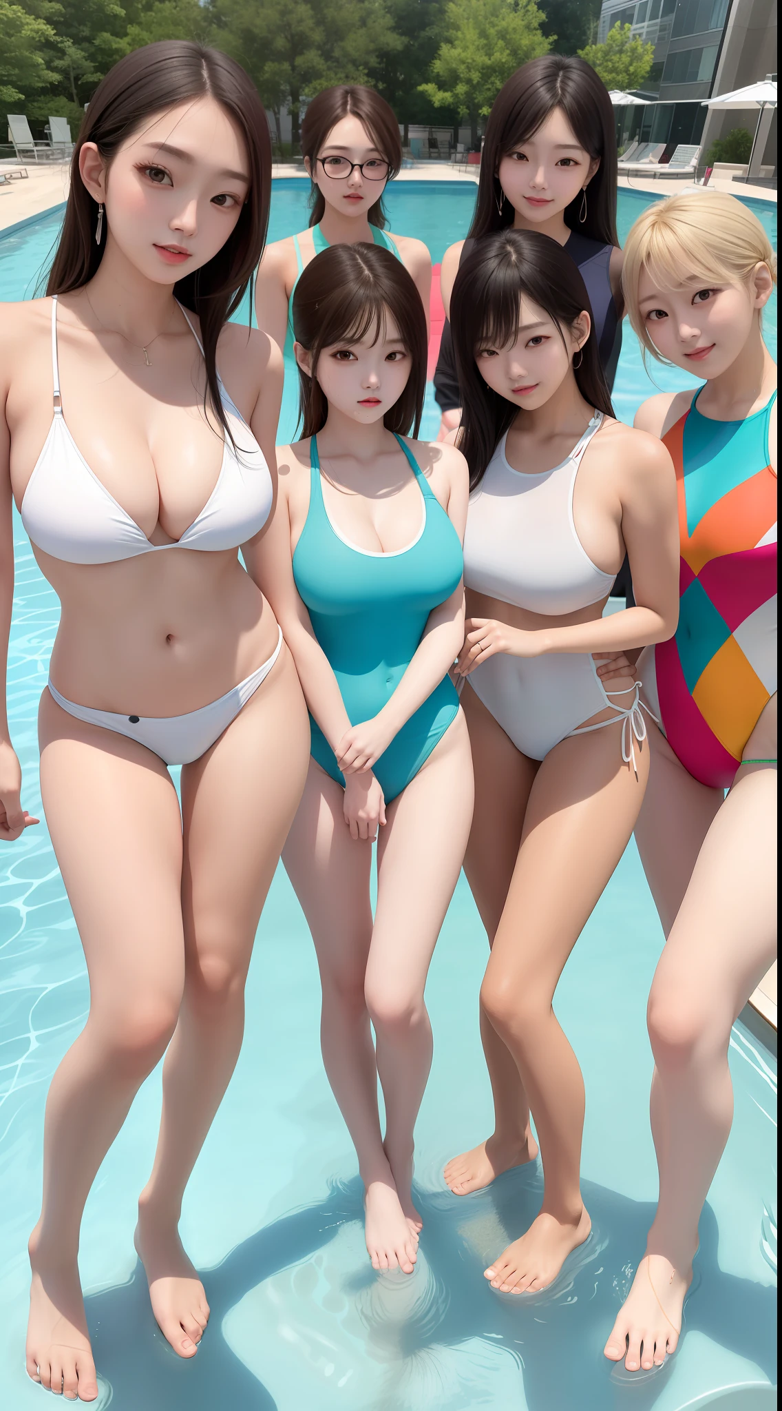 Multiple girls, 5 people, (aligned), side by side, large breasts, from below (masterpiece, high quality: 1.2), kpop, wet, squint, embarrassing look, Korean makeup, high-leg swimsuit, colorful swimsuit, full body, nasty swimsuit, perforated swimsuit
