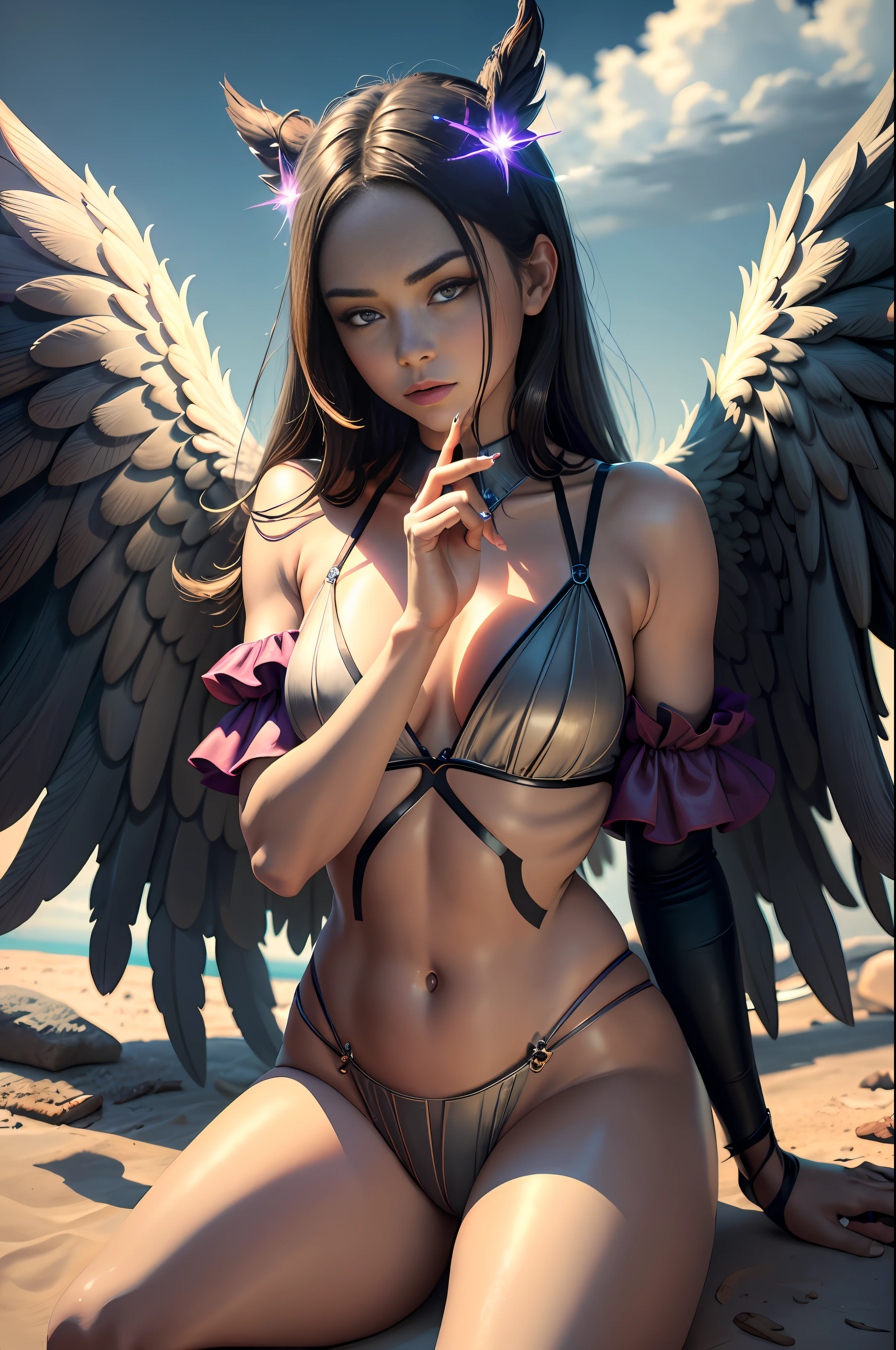 (masterpiece), (best quality:1.4), absurdres, [:intricate details:0.2], angel, angel wings, daytime sky,shimmering aura, intense focus, crackling energy, mysterious symbols, sparkling motes,
