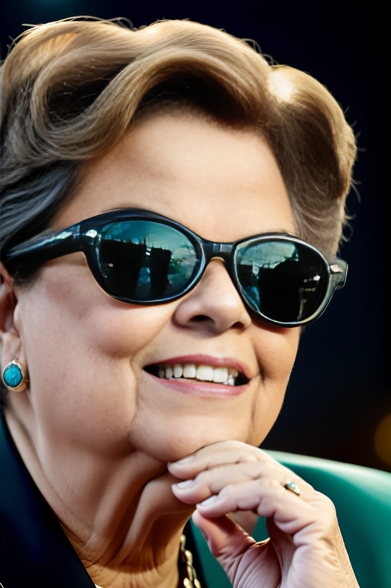 Dilma Rousseff wearing a black letter jacket with teal details, using black ray ban glasses with black lenses that makes it impossible to see her eyes, a badass expression on her face, epic lighting, night time, National Congress Palace of Brasilia perfectly visible from afar in the background