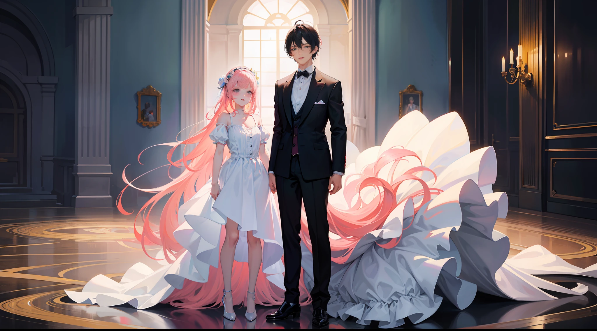 Masterpiece, best quality, super detailed, illustration, beautiful detailed eyes, close up, there is a boy and a girl in the room. It is a white slip dress with pink hair. The boy is black hair, black suit clothes pants. The girl crouched on the ground and the boy raised his hand
