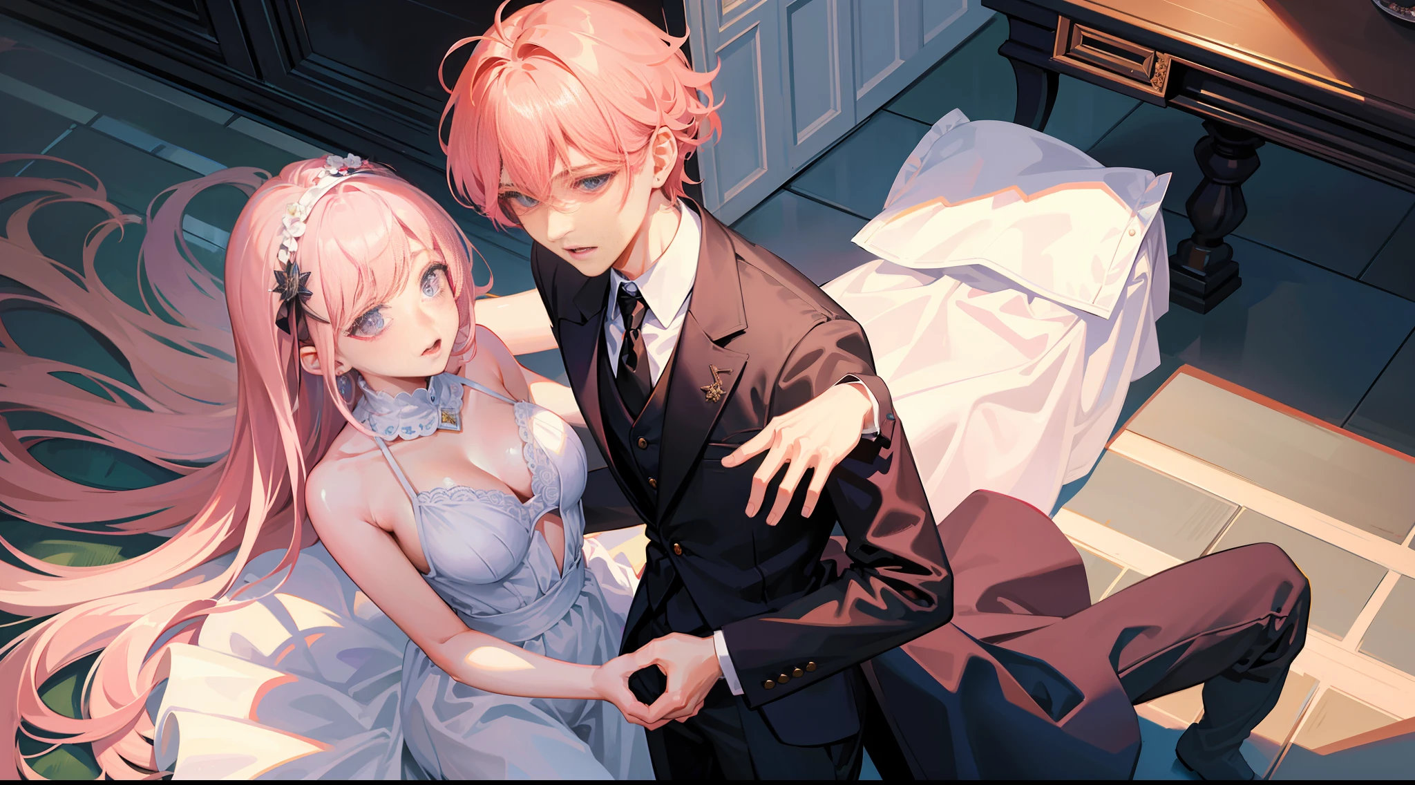Masterpiece, best quality, super detailed, illustration, beautiful detailed eyes, close up, there is a boy and a girl in the room. It is a white slip dress with pink hair. The boy is black hair, black suit clothes pants. The girl crouched on the ground and the boy raised his hand