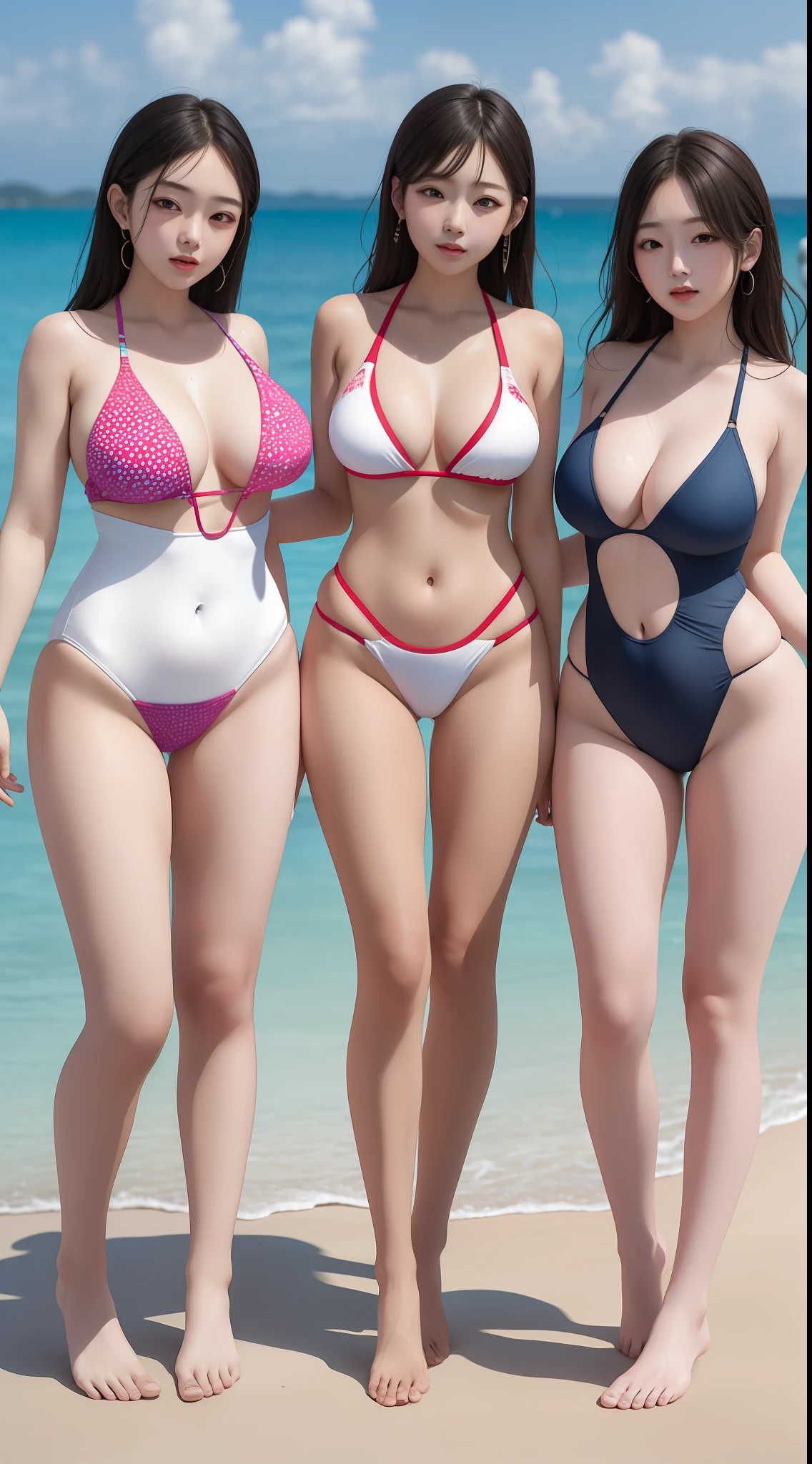 Multiple girls, 5 people, (aligned), side by side, large breasts, from the bottom (masterpiece, high quality: 1.2), kpop, wet, squint, embarrassing look, Korean makeup, high-leg swimsuit, colorful swimsuit, full body, nasty swimsuit, perforated swimsuit,, open legs