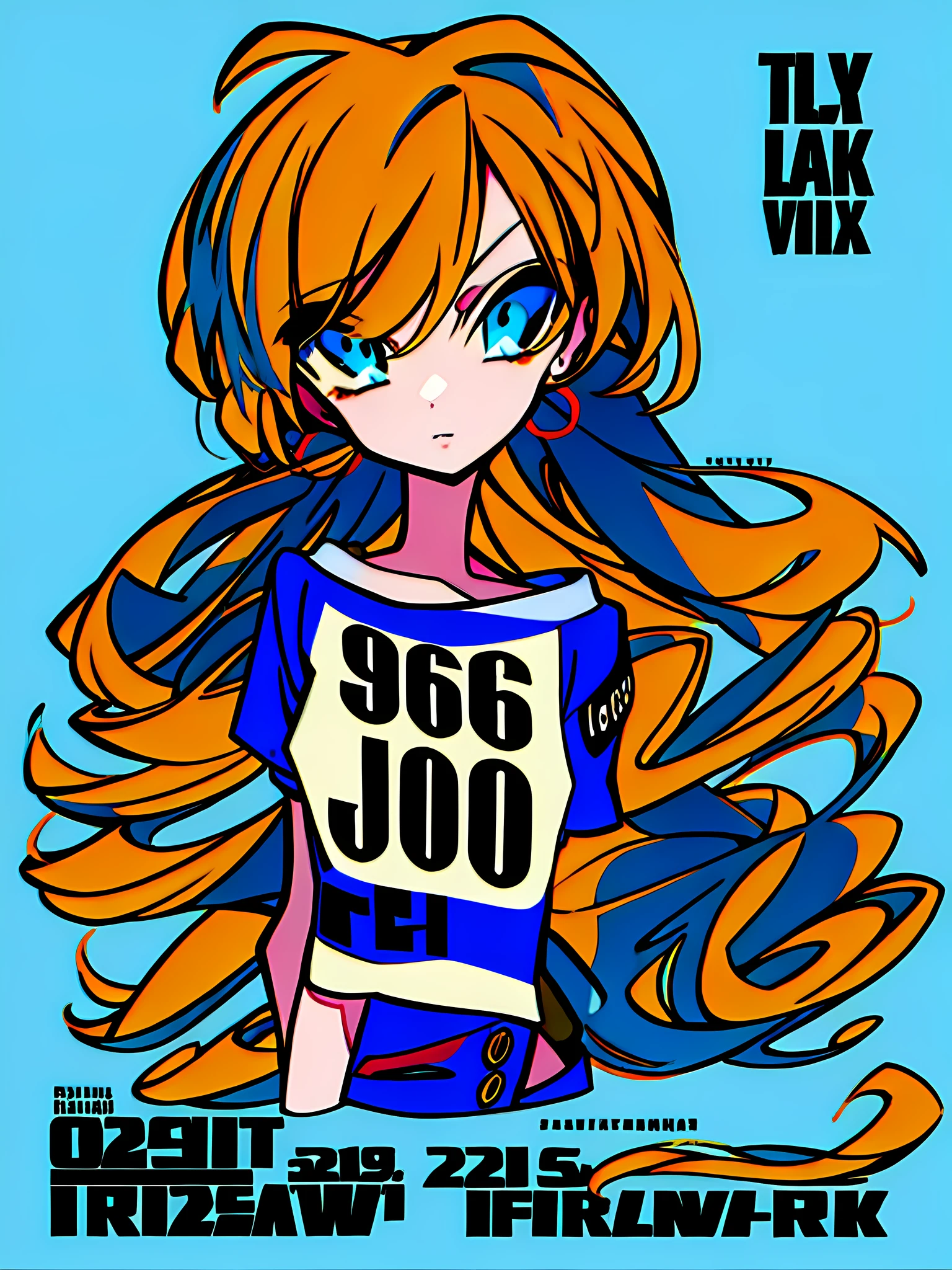 masterpiece, good quality, typography, 1girl, upper body, t-shirt, flat clolor, (pop art, cyber:0.5), simple background, (distorted, deformed:0.4)