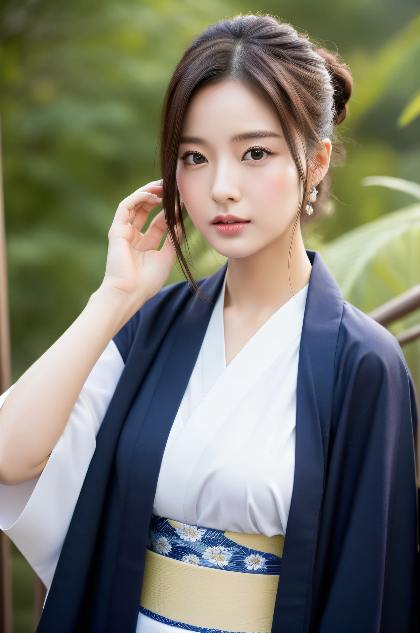 ((Top Quality, 8K, Masterpiece: 1.3)), Sharp Focus: 1.2, (Super Beautiful Face: 1.0), (Glossy Skin: 1.0), Realistic Photos, Black Hair, Realistic Pupils, Movie Lighting, Highly Detailed Eyes and Face, Movie Lighting,  (Cowboy Shot: 1.0),  (kimono, hakama, obi: 1.15),　(Korean Cute Actress), in nature