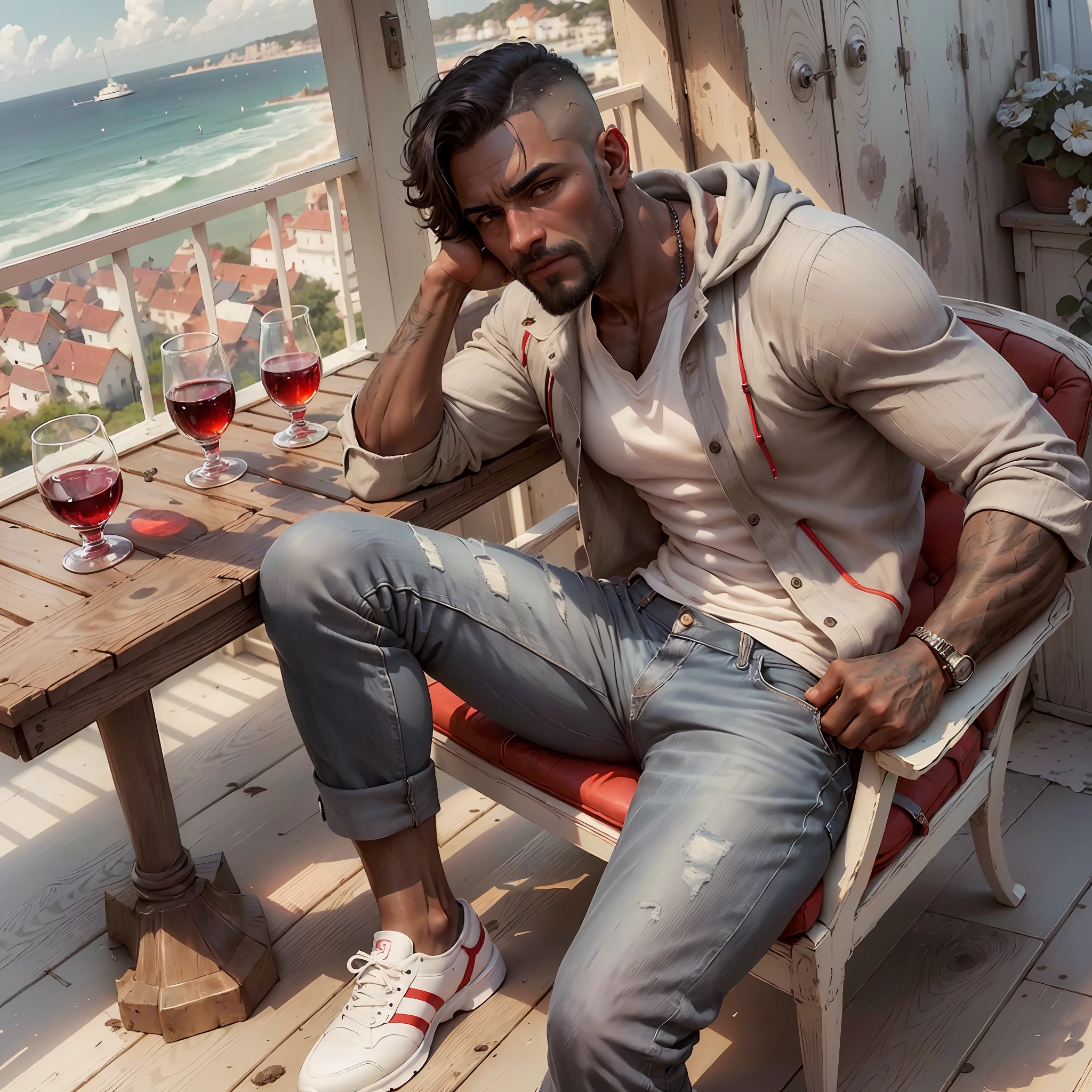 ((Top quality, portraits, masterpieces, 8K:1.3 wallpapers))
1 man, shirt, red cold blouse, pants, sneakers, ultra realistic, quality of a movie 007,brunette jambo, ((head hair military cut))pectoral defined, age 40 years,(height 1.75), arms (medium with well-defined median muscles) normal abdomen ,gray shirt, wearing a ((Red cold blouse)) with the hood back, blue jeans wear of time,  thick legs style ((Renato Cariane)),tennis((black)) with red stripes, is seated(( in a summer house by the sea)),( late afternoon sun illuminated, the balcony on your right a table and a glass with grape juice, this seated(( with the legs at the angle of 45 degrees)) with the left hand resting on the left leg,  he's picking up the cup facing the viewer, hair half gray, beard half gray well done, brown eyes, fleshy lips style Indian (Brazil)Hair cut on the side Comb ! of the machine and in the top stop number 4 of the machine)(full body photo)((with only one glass on the table0( a colorless bottle by half of juice)((( Hair cut Renato Cariane))in the format 1368x768((black sneakers))((red cold blouse))(( photo showing the whole body))((Low cut hair with gel in the hair)). --auto --s2