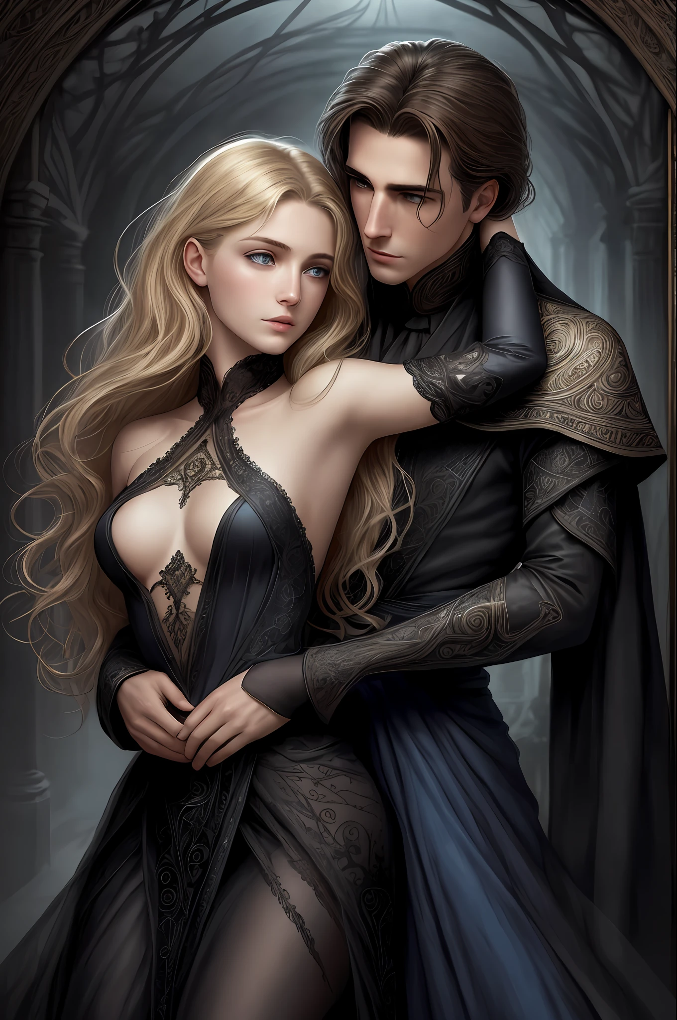 Create an [Comic book Luis Royo art style] passionate embrace of a couple of a dark-haired man (henri cavil) and a blond girl with [detailed linework], [dynamic shading], and [rich colors]. The young blond girl have [full body], blue eyes [expressive facial features] and [fluid body movements], with close attention paid to [her black liquid sensual dress with black lace veil], (fabric with intricate pattern:1.2), [heart-shaped] face, [delicately proportioned], with a [small nose] and [high cheekbones], full lips, [shinny blond straight medium hair styled], [black eyeliashes and brown], long, full eyelashes that add to her feminine charm, [slim petite body], neck exposed by the hair in a chignon, Lili from the movie Legend, fairy. The man has black hair, dark detailed eyes with shadows on the scleras, pale skin, dark clothes with dark light armor, Henri Cavil.  [althar of an evil temple background] [dark atmosphere]  should showcase [visible skin pores] that add to the realism. [imperfect, uneven, and irregular skin] should be depicted with [specular reflection], [subsurface scattering], and [diffuse reflection], capturing the [fair skin tone] The image should be captured in [natural light], with [soft shadows] that highlight her. The colors should be [RAW] and [vibrant], showcasing the [tragic] elements of the character, while remaining grounded in a sense of [realism]. Aim for a [photorealistic]. The image should have [intricate details]. The overall mood of the image should be [victorian], [ghotic] with a sense of [magic] and [power].