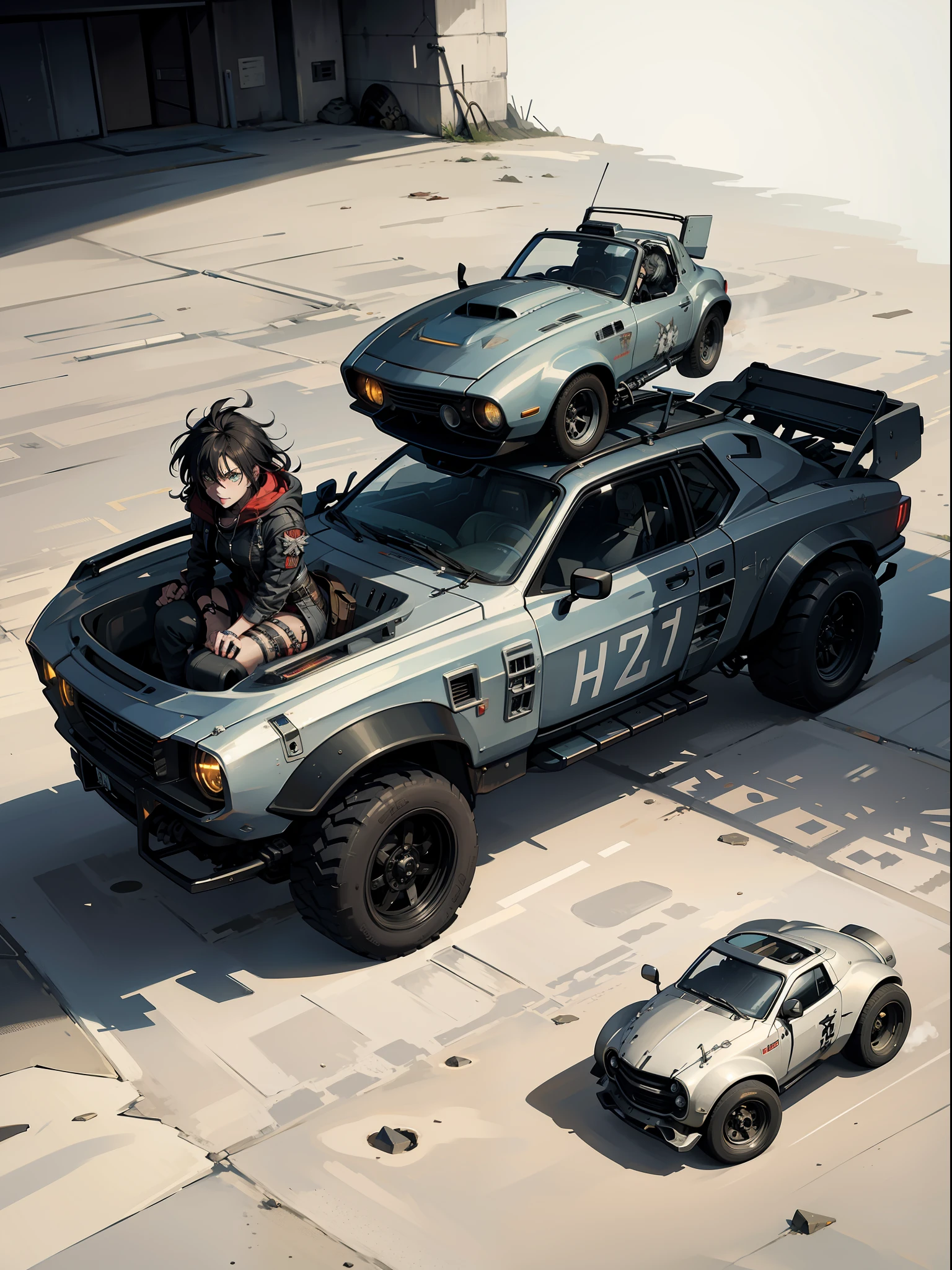 A futuristic, post apocalyptic, mad max, aggressive, dangerous, badass, convertible car with a punk girl at the wheel, 1car