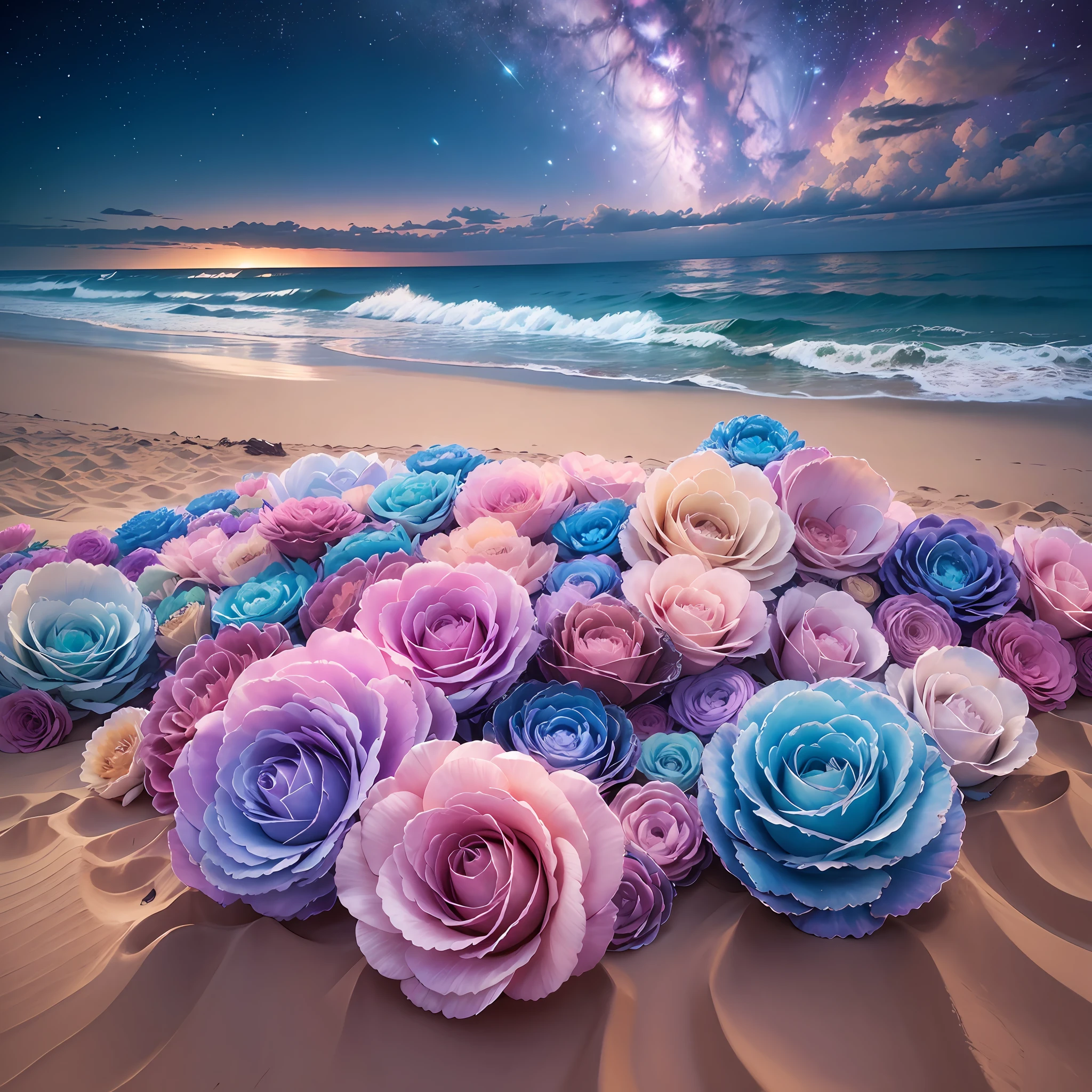 The picture is transparent, a large silvery white crescent is sprinkled on the sand accompanied by the Milky Way stars, there are many pink and blue roses floating on the sand, pink and blue roses floating on the sea a beach in the shape of a heart, glowing creatures, Silver,Unreal Engine, Ultra Wide,4K HD, HD --ar 9:16 --auto --s2
