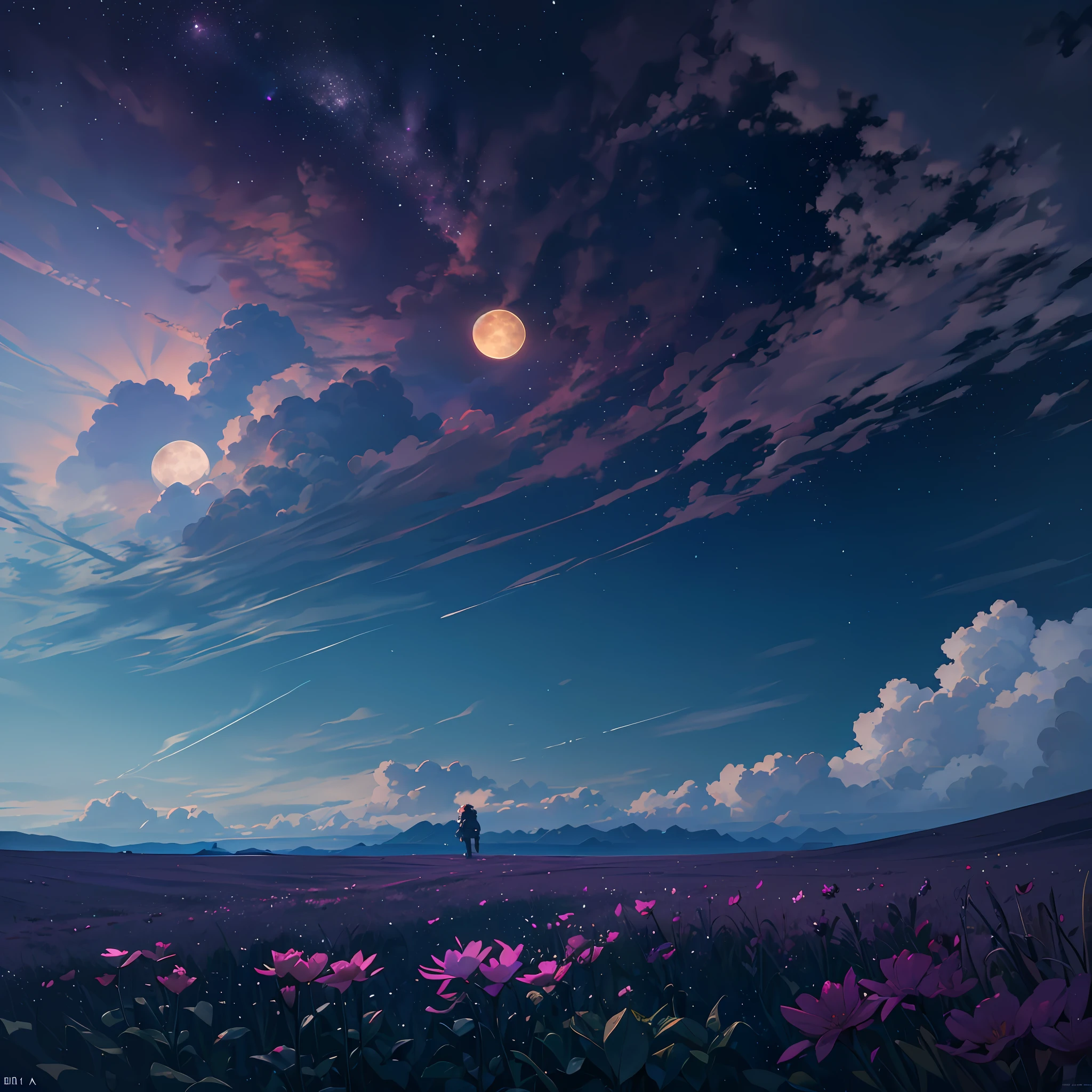 Vast landscape photos, (from below, the sky above, open fields below), a boy standing on a flower field looking up, (Full Moon: 1.2), (Meteor: 0.9), (Nebula: 1.3), Distant Mountains, Trees BREAK Making Art, (Warm Light Source: 1.2), (Firefly: 1.2), Lamps, Lots of Purple and Orange, Intricate Details, Volumetric Lighting BREAK (Masterpiece: 1.2), (Best Quality), 4K, Ultra Detailed, (Dynamic Composition: 1.4), Detailed, Colorful, (Iridescent: 1.2), (Glow, Atmospheric Lighting), Dreamy, Fantastic, (Solo: 1.2) --auto --s2