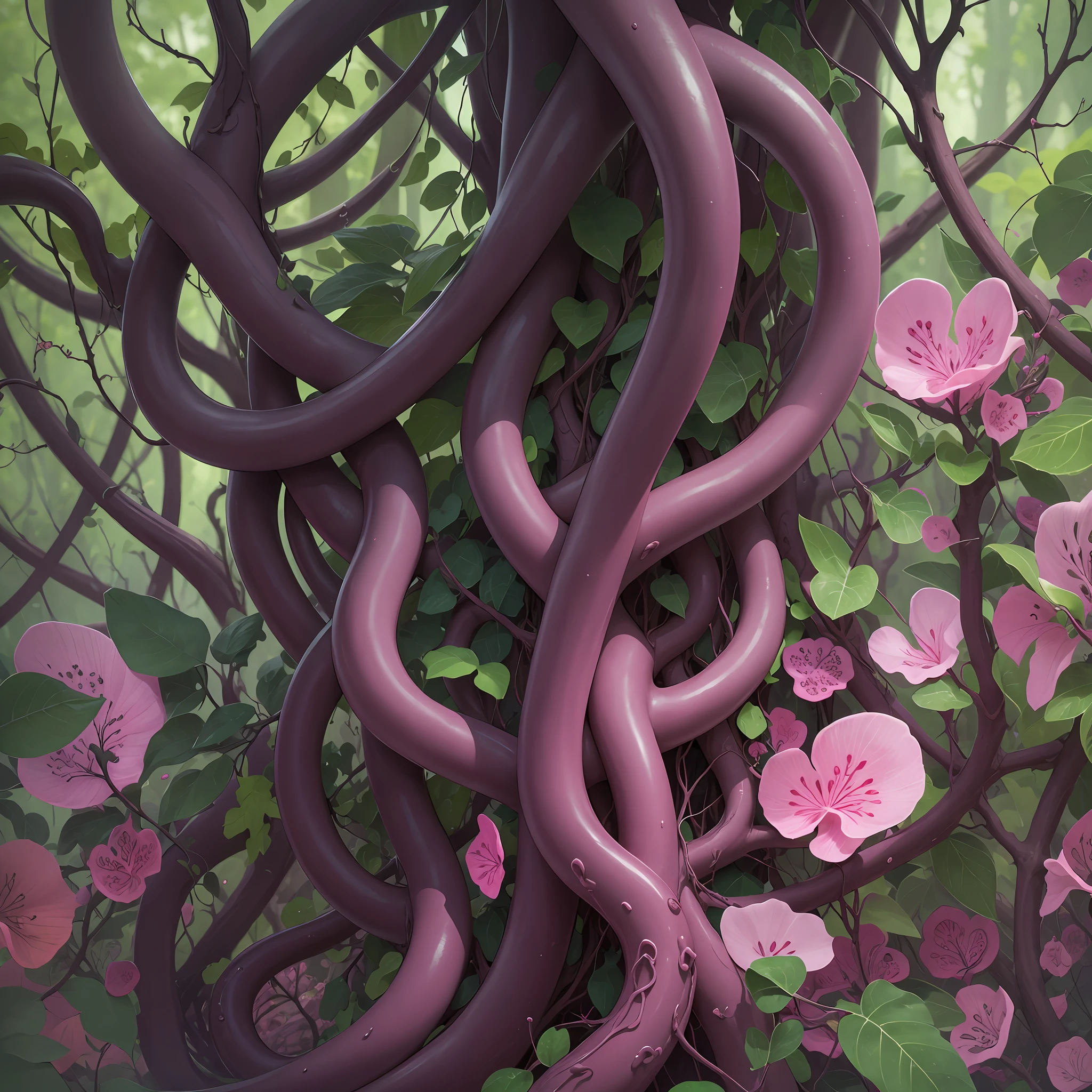 Vine, pink tentacle vine, blood vessels, meridians, rhizometry spreading vine, tree-type branch branches, best quality, masterpiece, high detail, most realistic, HD, moist black translucent mucus, creeping tentacle vine, --auto --s2